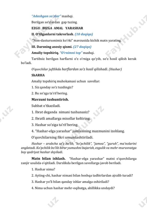 n darsda … bilib oldim.” v. uyga vazifa. (2 daqiqa) matnni o‘qing va mazmuni yuzasidan savollar tuzing.