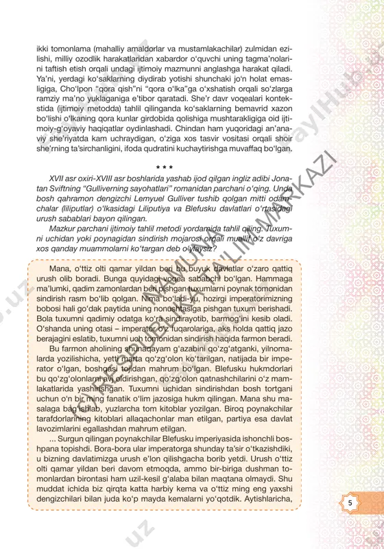 an. ... surgun qilingan poynakchilar blefusku imperiyasida ishonchli bos- hpana topishdi. bora-bora ular imperatorga shunday ta’sir o‘tkazishdiki, u bizning davlatimizga urush e’lon qilishgacha borib yetdi. urush o‘ttiz olti qamar yildan beri davom etmoqda, ammo bir-biriga dushman to- monlardan birontasi ham uzil-kesil g‘alaba bilan maqtana olmaydi. shu muddat ichida biz qirqta katta harbiy kema va o‘ttiz ming eng yaxshi dengizchilari bilan juda ko‘p mayda kemalarni yo‘qotdik. aytishlaricha, namuna (c) r espublik a ta'li m m arkazi 6 dushman bizdan ham ko‘ra ko‘proq talafot ko‘rgan. biroq, shunga qa- ramay, dushman yangi flotni shayladi, bizning territoriyamizga desant tushirishga hozirlik ko‘rmoqda. jonatan svift, “gulliverning sayohatlari” romanidan * * * badiiy asarda ijodkor shaxsiyati, uning hayotidagi muhim nuqtalar ma’lum darajada akslanadi. badiiy matn tahlilida qo‘llaniladigan yana bir – biografik metodda asar ijodkor shaxsi, uning biografiyasi bilan bog‘lab tahlil qilinadi. bu matnga yuklangan mazmunni oydinlashtirish da, asarning yaratilish tarixi bilan bog‘liq faktlarni aniqlashda va asar- dagi …