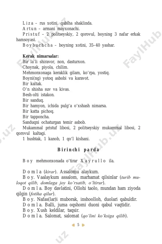ri armani, yahudiy va boshqa ajnabiy- lar qo‘lig‘a o‘tdi. muni sababi bizlarning o‘qumag‘animizdur. o‘qumagan boyvachchalarni ko‘ramizki, ota molini barbod etar va oxiri xor-u zor bo‘lur. binobarin, o‘g‘lungizni o‘qut- moqni sizga taklif qilurman. b o y. hoy, domla! siz manga tahqiqchimi? o‘g‘ul mani ki, davlat maniki, sizga nima? o‘quganni biri – siz, yemoq g‘a noningiz yo‘q. bu holingiz ila manga nasihat qilursiz. xayrullo! mehmonxonani qulfla, uyqum keldi. x a y r u l l o la’li va asboblarni jamlab, muntazir turar. d o m l a (odamlarga qarab). o‘qumoq va mulla bo‘lmoq uchun pul kerak. badavlatlarimizni holi bul. bas, bu ketish ila nauzambilloh, dunyo va oxiratga rasvo bo‘lurmiz. o‘qumoq barcha musulmonga, erkak va yo xotin bo‘lsun, farz edi. u qayda qoldi? oh, voy bizni holimizga! (boyga qarab). boy, man sizga amri ma’ruf etdim va manga shariat bo‘yicha lozim bo‘lgan ishni bo‘ynumdan soqit qildim. inshoolloh, mo‘ylab chiqarib, alifni tayoq demayturgan o‘g‘lungiz holini …