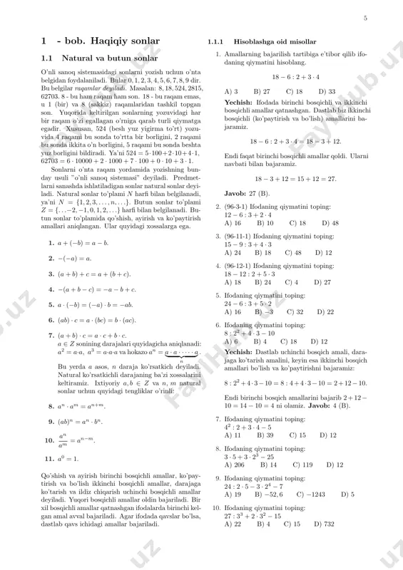eskari funksiya . . . . . . . . . . . . . . . . . . . . . . . . . . . . . . . . . . . . . . . . . . . . . 118 10.5 aralash tipdagi masalalar . . . . . . . . . . . . . . . . . . . . . . . . . . . . . . . . . . . . . . . . 119 11 -bob. ko’rsatkichli tenglama va tengsizliklar 120 11.1 ko’rsatkichli funksiya . . . . . . . . . . . . . . . . . . . . . . . . . . . . . . . . . . . . . . . . . . 120 11.2 ko’rsatkichli tenglamalar . …