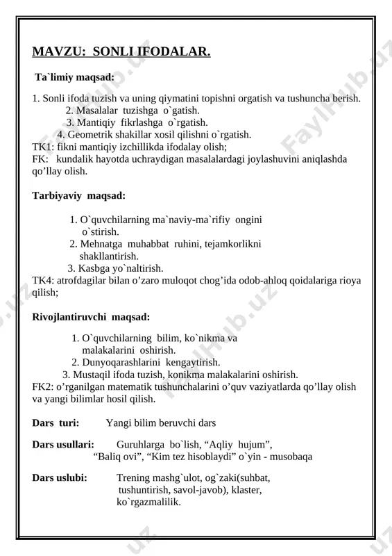 ni bilimlarini tekshirish uchun test topshiriqlarini bajaramiz. 1. ifodaning qiymatini toping. 43+24=? a. 55 b. 65 d. 67 2. ifodaning qiymatini toping. (13+17)-5=? a. 25 b. 30 d. 15 3. 43 va 7 ning yig`indisi nimaga teng? a. 36 b. 50 d. 45 v. darsga yakun yasash va o`quvchilarni baholash: 1. darsda qanday bilimlarga ega boldingiz? 2. g`olib gurux aniqlanib ular og`zaki rag`batlantiradi. 3. darsda ishtirok etgan o`quvchilar baholanadi. vi. uyga vazifa berish: 6-7 misol va masala (59-bet) tushuntirib beriladi. foydalanilgan adabiyotlar: 1. 2-sinf matematika kitobi. 2. boshlang`ich ta`lim jurnali. 3. qiziqarli matematika. 4. davlat ta`lim standartlari kitobi. 5. www. ziyo.uz image4.jpeg image5.jpeg image6.jpeg image7.png image8.png image9.jpeg image10.png image11.png image1.png image2.jpeg image3.jpeg