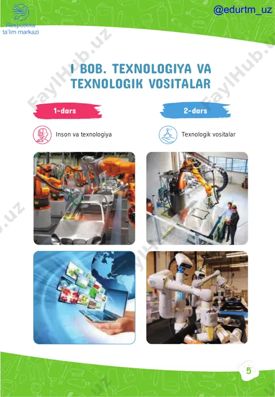 o‘sadigan maydon esa o‘rmon hisoblanadi. qog‘ozdan kuz fasli manzarasini birgalikda yasaymiz 1 4 5 6 2 3 @edurtm_uz 13 tabiat manzarasini applikatsiya usulida mustaqil yasang. 7 9 8 10 @edurtm_uz 14 bob ii o‘rmonchi bilar, o‘rmon – sof havo, dardga darmon, taxta, yelim-u qog‘oz hamda boylik beqiyos. yog‘ochga ishlov beruvchi hunar egasi. duradgorlar xalq orasida qadimdan hurmat qozongan, chunki hamisha el xizmatida bo‘lishgan. o‘rmonchi eslab qoling duradgor o‘rmonchi o‘rmon tabiatini muhofaza qiluvchi kasb egasidir. o‘rmonchining vazifasi daraxtlarni qo‘riqlash va ularda yashovchi hayvonot dunyosini avaylab-asrash, ko‘paytirishdan iborat. o‘rmonlar yer sharining o‘pkasi hisoblanadi va tirik jonzotlar nafas olishi uchun kislorod ishlab chiqaradi. o‘rmon daraxtlaridan yog‘och mahsulotlari tayyorlanadi, ular asosan uy- joy qurilishida, mebel yasashda ishlatiladi. @edurtm_uz 15 kuz faslidagi barglardan kompozitsiya tuzing. ish boshlashdan oldin barglarni tozalab va quritib oling. @edurtm_uz 16 bob ii 4-dars “kuzgi gullar”. urug‘lardan gullar shaklini yasash kerakli jihozlar: qaychi, yelim, turli daraxt barglari va urug‘lari. urug‘lardan ketma-ketlikda …