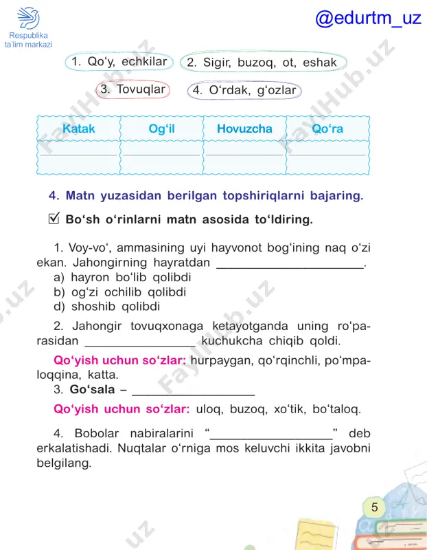 ring. qunduz qanday kasallikka chalingan edi? ushbu ma’lumotnomani to‘ldiring. ma’lumotnoma dangasalikbtish og‘rig‘ia d bosh og‘rig‘i bemor: tashxis: alomatlar: sana: tavsiyalar: shifokor: matn mazmuni asosida quyidagi shakllarga mos keladigan uchta gap yozing. . ? ! 1. 2. 3. @edurtm_uz 16 “dangasa”ga ma’nosi yaqin so‘zlarni bo‘yang. 4. berilgan topshiriqlarni bajaring. tanbal baquvvat qo‘rqoq mehnatkash ishyoqmas ikkichi jonkuyar bardoshli yalqov moslashtiring. sob bo‘lmoq cho‘g‘ saxiy qizg‘anchiq shu’la hech kimdan narsasini ayamaydigan ziqna kichkina, mayda bo‘lak qo‘r nur, yorug‘lik zarra tugamoq matn asosida oftobga xos sifatlarni yozing. namuna bag‘rikeng ... quyoshni _____ga o‘xshatgim keladi. chunki … 5. “quyoshni kim (nima)ga o‘xshatgim keladi?” mavzusida matn tuzing. @edurtm_uz
