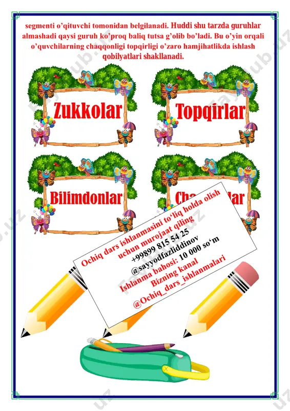 chang va daftaringizga yozing. bu burchaklarning yigʻindisini toping. 4. tadqiqot o'tkazing. a) daftaringizda ixtiyoriy to'rtburchak yasang. b) to'rtburchakning barcha burchaklarini oʻlchang va ularning yigʻindisini toping. d) natijalaringizni sinfdoshlaringizning natijalari bilan taqqoslang. qanday natijaga koʻproq duch keldingiz? e) partadoshingiz bilan daftarlaringizni almashing. tekshirib ko'ring, u burchaklarni toʻgʻri o'lchaganmi? f) xulosa chiqaring. 5. toshkentdan londongacha masofa 5400 km. samolyot toshkentdan ertalab soat 8:40 da uchadi. uchish tezligi 600 km/h. samolyot london vaqti bilan soat nechada qo'nadi? 5400 : 600=9 9 soat uchadi shunda 17:40 da qo’nadi 6. sirdaryoning uzunligi taxminan 2200 m, amudaryoning uzunligi sirdaryo uzunligining 13 20 qismini tashkil etadi, surxondaryo esa amudaryodan ikki marta qisqa. surxondaryo sirdaryodan qancha qisqa? 2200 : 20=110 110 • 13=1300 m 1300 : 2=650 m a (4 1 7 + 2 3 7 ) − 5 5 7 = 2 1 7 l 2 3 14 + (3 1 14 − 2 2 14 ) …