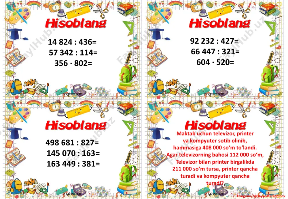 adi? 19 · 4 + 77 : 7= 54 172 – 286 · 3= 39 : 3 + 28 · 3= 28 001 – 342 · 2= hisoblang hisoblang hisoblanghisoblang telegram//@sayyodfazliddinov sayohatchilar adir bo‘ylab 24 km yo‘l yurishdi. agar ular 4 km/h tezlik bilan yurishgan bo‘lsa, bu masofani qancha vaqtda bosib o‘tishgan? vertolyot 4 soat 200 km/h tezlik bilan, 2 soat 230 km/h tezlik bilan uchdi. u shu vaqt ichida qanday masofani uchib o‘tdi? vertolyot dastlabki tezlik bilan necha kilometr ko‘p masofani uchib o‘tdi? 4 t – 5 q= 240 kg + 700 kg= 5 h – 12 min= 450 m + 500 m= 3 min – 40 s= 7 dm – 9 cm= hisoblang hisoblang hisoblanghisoblang telegram//@sayyodfazliddinov agar b = 896 m; b = 3104 kg bo‘lsa, b : 32 ifodaning qiymatini hisoblang. sayyohlar 65 km/h tezlik bilan 2 soat poyezdda, keyin esa 40 km/h tezlik bilan 3 soat …