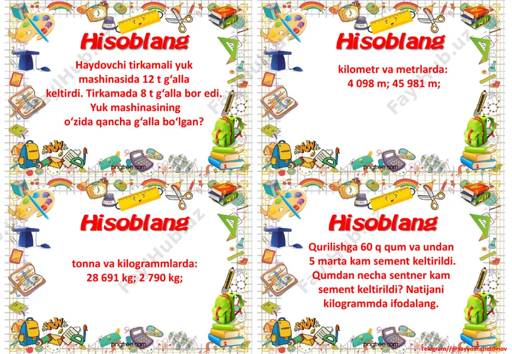 mashina necha marta qatnagan? 78 400 : 800= 69 680 : 40= 27 720 : 30= hisoblang hisoblang hisoblanghisoblang telegram//@sayyodfazliddinov bo‘yi 5 cm, eni 4 cm bo‘lgan to‘g‘ri to‘rtburchak chizing. uning yuzini toping. 276 300 : 900= 44 400 : 60= 102 000 : 300= 350•30 : 70= 354 000 : 200•8= 85•5•0= 3 ta olma 2 500 so‘m turadi. oltita shunday olma qancha turadi? hisoblang hisoblang hisoblanghisoblang telegram//@sayyodfazliddinov 38 960 : 80= 780 : 60= 34 500 : 300= 83•700= 78•54= 856•43= 406•59= 7 268•19= xaridorda 10 000 so‘m pul bor edi. u 1 900 so‘mdan 3 kg olma va shu narxda 2 kg pomidor sotib oldi. unda qancha pul ortib qoldi? masalani turli usullar bilan yeching. 4 280•57= 8 040•36= 19 750 : 50•92= hisoblang hisoblang hisoblanghisoblang telegram//@sayyodfazliddinov ustada bo‘yi 65 cm, eni 76 cm bo‘lgan oyna bor edi. undan uzunligi 52 cm va eni 37 cm bo‘lgan …