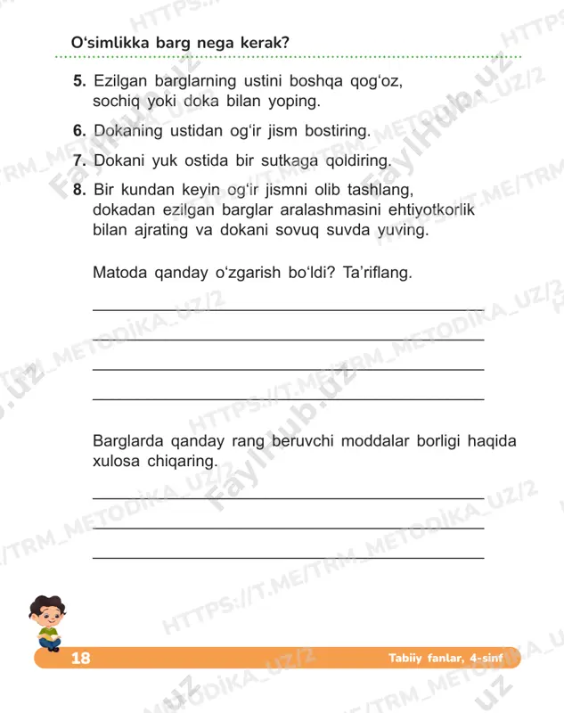 2 htt ps:/ /t.m e/tr m_m eto dika _uz/ 2 htt ps:/ /t.m e/tr m_m eto dika _uz/ 2 htt ps:/ /t.m e/tr m_m eto dika _uz/ 2 htt ps:/ /t.m e/tr m_m eto dika _uz/ 2 23ish daftari 6. hafta davomida piyozlarni kuzating, agar zarur bo‘lsa, suv quying. bir hafta ichida piyozlarda qanday o‘zgarish bo‘ldi? ___________________________________________ ___________________________________________ ___________________________________________ ___________________________________________ ___________________________________________ piyozlar rasmini davom ettiring. issiq va yorug‘ joyda issiq va qorong‘i joyda qorong‘i va sovuq joyda o‘simliklar va atrof-muhithtt ps:/ /t.m e/tr m_m eto dika _uz/ 2 htt ps:/ /t.m e/tr m_m eto dika _uz/ 2 htt ps:/ /t.m e/tr m_m eto dika _uz/ 2 htt ps:/ /t.m e/tr m_m eto dika _uz/ 2 htt ps:/ /t.m e/tr m_m eto dika _uz/ 2 htt ps:/ /t.m e/tr m_m eto dika _uz/ 2 htt ps:/ /t.m e/tr m_m eto dika _uz/ 2 htt ps:/ /t.m e/tr m_m eto dika _uz/ …