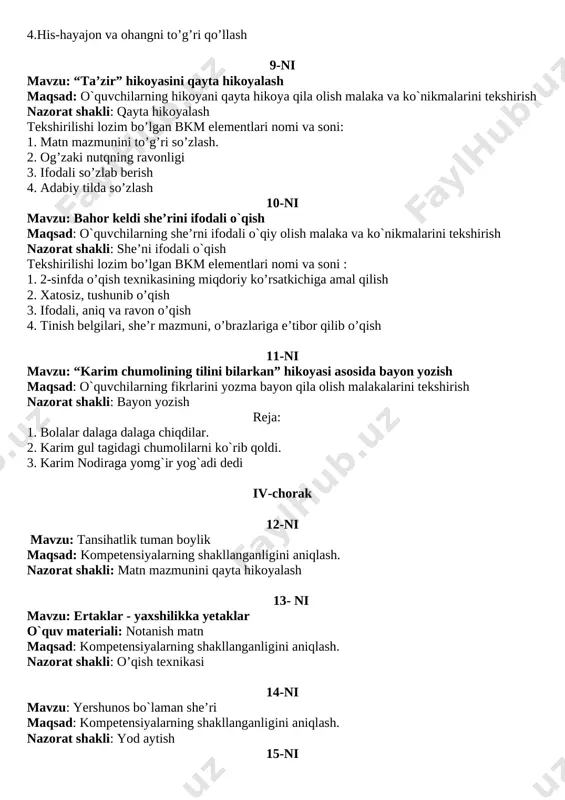 i 1 – tutuq belgisining vazifalarini; – tutuq belgili so`zlar talaffuzini va imlosini. – tutuq belgisini harf va harf birikmasidan farqlash; – tutuq belgili so`zlarni to`g`ri talaffuz qilish; – tutuq belgili so`zlarni imloviy to`g`ri yozish. – tutuq belgili so`zlarni grafik to`g`ri shakllaytirish; – lug`at diktantda birinchi so`zni bosh harf bilan yozish va so`zlar orasiga vergul, oxiriga nuqta qo`yish. olingan nazariy bilimlarni amalda qo’llaydi. tutuq belgisini husnixat qoidalari asosida qo’ygan holda, matn mazmunidan hayvonlarga muhabbat tarbiyalanadi 4-ni tovushlar va harflar 1 tovushlarning yozuvda harflar bilan belgilanishini ; o’zbek tilida 23 ta undosh harf borligini; o’zbek tilida 6ta unli harf borligini ; harf birikmalarini; harflarning alifbodagi tartibini; tutuq belgili so’zlarning talaffuzi va imlosini. tovush va harfni farqlash; harfdan harf birikmalarini farqlash; nuqta o`rniga zarur harfni qo`yish; so`zlarni bo`g`inlab to`g`ri ko`chirish; tutuq belgili so’zni topish; so`zlarni ma`nosiga ko`ra farqlash. gaplarning birinchi so’zini bosh harf bilan yozish. olingan nazariy bilimlarni amalda qo’llash. 1-ni mavzu: …