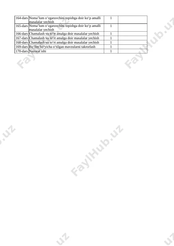i tushunchasi 1 110-bet 4-topshiriq 117-dars to‘g‘ri to‘rtburchakli prizmaning hajmi 1 111-bet 4-topshiriq 118-dars to‘g‘ri to‘rtburchakli prizmaning hajmi 1 112-bet 4-topshiriq 119-dars birlik kublaridan foydalanib, to‘g‘ri to‘rtburchakli prizma yasash 1 113-bet 4-topshiriq 120-dars birlik kublaridan foydalanib, fazoviy shakllar yasash 1 114-bet 4-topshiriq 121-dars to‘g‘ri to‘rtburchakli prizma hajmini hisoblash 1 115-bet 4-topshiriq 122-dars to‘g‘ri to‘rtburchakli prizma hajmini hisoblash formulasi 1 116-bet 6-topshiriq 123-dars to‘g‘ri to‘rtburchakli prizma hajmini hisoblash formulasi 1 117-bet 6-topshiriq 124-dars kub hajmini hisoblash formulasi 1 118-bet 4-5-topshiriq 125-dars to‘g‘ri to‘rtburchakli prizma hajmini hisoblash 1 119-bet 7-topshiriq 126-dars kubni yoyilmasiga ko‘ra yasash 1 120-bet 2-topshiriq 127-dars to‘g‘ri to‘rtburchakli prizmani yoyilmasiga ko‘ra yasash 1 121-bet 2-topshiriq 128-dars piramidani yoyilmasiga ko‘ra yasash 1 122-bet 4-topshiriq 129-dars bo‘lim bo‘yicha o‘tilgan mavzularni takrorlash 1 123-bet 5-6-7-topshiriq 130-dars nazorat ishi 1 takrorlash iv chorak 131-dars million ichida ko‘paytirish va bo‘lish 1 124-bet 4-topshiriq 132-dars million ichida ko‘paytirish va bo‘lish 1 125-bet 5-6-topshiriq 133-dars million …