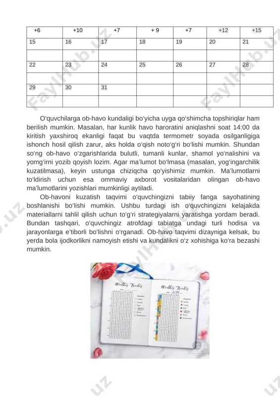 lar suvda erigan kislorod yordamida nafas oladi. kislorod organizmda oziqdan energiya hosil qilish uchun zarur. nafas chiqarish jarayonida atmosferaga karbonat angidrid ajralib chiqadi. 3. harakatlanish. o‘simliklar juda sekin harakatlanganligi sababli ularning harakati unchalik sezilmaydi. barg yorug‘likka qarab o‘girilganda, gul ochilganda ularning harakatini sezish mumkin. hayvonlar esa o‘ljasini tutish, dushmandan himoyalanish uchun faol harakatlanadi. 4. ayirish. organizm uchun zararli mahsulotlar tashqi muhitga chiqariladi. o‘simliklar xazonrezgilik natijasida zararli mahsulotlarni chiqarib yuboradi. hayvonlarda ayirish organlari orqali siydik ajraladi. 5. o‘sish va rivojlanish. o‘simliklar urug‘dan unib chiqqanda, yosh nihol hosil bo‘ladi. nihol o‘sib, rivojlanib katta daraxtga aylanadi. hayvonlarning bolasi kichikligi, nimjonligi va tajribasizligi bilan ota-onasidan farq qiladi. oziqlanish hisobiga o‘sib kattalashadi, oziq topish uchun, yashab qolish uchun harakat qiladi. 6. ko‘payish. tirik organizmlar nasl qoldirish uchun jinssiz va jinsiy usulda ko‘payadi. o‘simliklarning poyasi, bargi, ildizidan ko‘payishi jinssiz ko‘payish, urug‘idan ko‘payishi jinsiy ko‘payish hisoblanadi. hayvonlarda ko‘proq jinsiy ko‘payish kuzatiladi. savol va topshiriqlar. 1. tirik organizmlar …