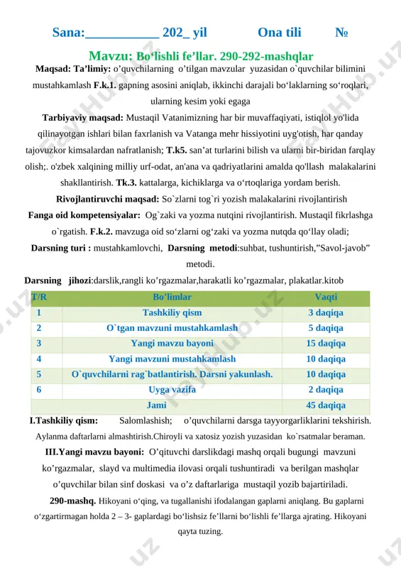 vojlantirish fanga oid kompetensiyalar: og`zaki va yozma nutqini rivojlantirish. mustaqil fikrlashga o`rgatish. f.k.2. mavzuga oid so‘zlarni og‘zaki va yozma nutqda qo‘llay oladi; darsning turi : mustahkamlovchi, darsning metodi:suhbat, tushuntirish,”savol-javob” metodi. darsning jihozi:darslik,rangli ko’rgazmalar,harakatli ko’rgazmalar, plakatlar.kitob t/r bo’limlar vaqti 1 tashkiliy qism 3 daqiqa 2 o`tgan mavzuni mustahkamlash 5 daqiqa 3 yangi mavzu bayoni 15 daqiqa 4 yangi mavzuni mustahkamlash 10 daqiqa 5 o`quvchilarni rag`batlantirish. darsni yakunlash. 10 daqiqa 6 uyga vazifa 2 daqiqa jami 45 daqiqa i.tashkiliy qism: salomlashish; o’quvchilarni darsga tayyorgarliklarini tekshirish. aylanma daftarlarni almashtirish.chiroyli va xatosiz yozish yuzasidan ko`rsatmalar beraman. iii.yangi mavzu bayoni: o’qituvchi darslikdagi mashq orqali bugungi mavzuni ko’rgazmalar, slayd va multimedia ilovasi orqali tushuntiradi va berilgan mashqlar o’quvchilar bilan sinf doskasi va o’z daftarlariga mustaqil yozib bajartiriladi. 290-mashq. hikoyani o‘qing, va tugallanishi ifodalangan gaplarni aniqlang. bu gaplarni o‘zgartirmagan holda 2 – 3- gaplardagi bo‘lishsiz fe’llarni bo‘lishli fe’llarga ajrating. hikoyani qayta tuzing. jamshidni otasi shaxmat-shashka to‘garagiga olib …