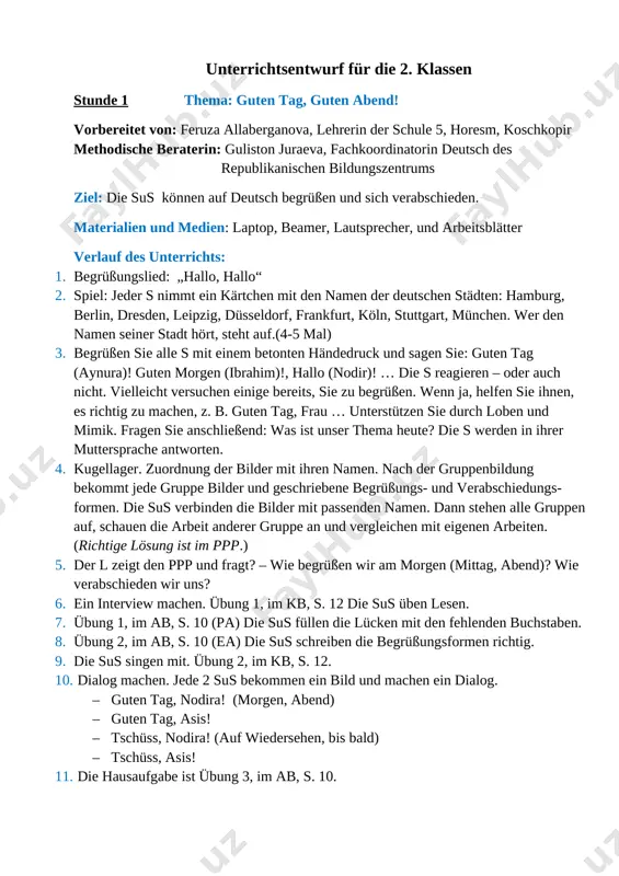 grüßen wir am morgen (mittag, abend)? wie verabschieden wir uns? 6. ein interview machen. übung 1, im kb, s. 12 die sus üben lesen. 7. übung 1, im ab, s. 10 (pa) die sus füllen die lücken mit den fehlenden buchstaben. 8. übung 2, im ab, s. 10 (ea) die sus schreiben die begrüßungsformen richtig. 9. die sus singen mit. übung 2, im kb, s. 12. 10. dialog machen. jede 2 sus bekommen ein bild und machen ein dialog. · guten tag, nodira! (morgen, abend) · guten tag, asis! · tschüss, nodira! (auf wiedersehen, bis bald) · tschüss, asis! 11. die hausaufgabe ist übung 3, im ab, s. 10. [bookmark: _goback] image1.emf