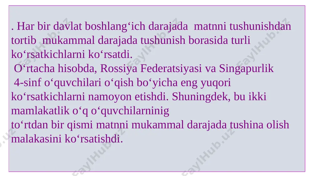 aqida to‘g‘ri xulosa keltirilgan. javob mazmuni javobda gunn buvi derazaning tashqi tomonida ayvon borligini bilmasligi haqida tushuncha keltirlgan. javobda buni gunn buvi bilamaganligi ifodalanishi mumkin. misollar: - u ayvon borligini bilmas edi. - u juda uzoq yiqilish bo‘ladi deb o‘yladi yoki javobda u mushugining azoblanishi yoki o‘lib qolishi mumkinligidan qo‘rqqanligi ifodalanadi. 8. hikoyada gunn buvining rasmi tasvirlangan joyni toping. nima uchun gunn buvi bolakayga ko‘zini qisdi va ayyorlik bilan jilmayib qo‘ydi? masalan: chunki bola unga yaxshi fikr berdi / chunki bola unga fikr berdi. unda reja paydo bo‘ldi. yoki javobda gunn buvi bola aytgan fikrga qo‘shilganini ko‘rish mumkin 9. gunn buvi yangi uyda o‘zini o‘z uyidagidek his qilishi uchun nimalar qildi? ikkita misol keltiring. maqsad: badiiy matnlar orqali o‘qish savodxonligini oshirish. jarayon: berilgan matndan aniq ma’lumotni topish. to‘liq tushunish -2 ball javobda gunn buvining o‘zini o‘z uyidagidek his qilishi uchun qilgan harakatlarini to‘liq tushunilganligi namoyish etiladi. misollar: - gunn buvi …