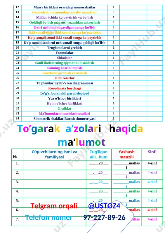 ayot bilan bog’lash fanga oid kompetensiyalar: sodda real hodisalarni matematik tilda ifodalash usullarining samarali ekanligini tushuna olish. to’garak metodi: savol javob, tushuntirish to’garak jihozi: mavzuga oid ko’rgazma, tarqatmalar.kitob darsning borishi. i.tashkiliy qism. salomlashish, davomotni aniqlash, `o`quvchilarni o`quv qurollarini nazoratdan o`tkazish, aylanma daftarlarni almashtirish. ii. otgan mavzuni so’rash va mustahkamlash. o`tilgan darsda “takrorlash ” yuzasidan savol-javob o`tkazish, uy vazifasini bajarilishini tahlili o`tkazilib no`to`g`ri bajarilgan misollar yuzasidan ko`rsatma beraman. iii yangi mavzu bayoni: telgram orqali @ustoz4 telefon nomer 97-227-89-26 [image: ] 1. 1) maktab kutubxonasiga 8491 ta kitob olib kelindi.bu necha minglik, yuzlik, o‘nlik va birlik bo‘ladi? 8* 1 000+4*100+9*10+1*1=demak 8 ta minglik 2) maktab kutubxonasiga 2 minglik 6 yuzlik va 8 o‘nlikta kitob keltirildi. nechta kitob keltirilgan? 2*1000+6*100+8*10=2000+600+80=2680 2. har bir tengsizlik uchun a ning shunday qiymatlarini topingki, natijada tengsizliklar to‘g‘ri bo‘lsin: 200 – a > 198 a · 9 9 200-198>a a 9*8 2>a a 72 2>1,0,-1 2,3,4,5 72 3. …