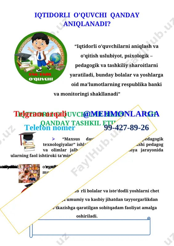 arkazi,radiusi,diametri.sirkul 1 jami: 34 rahbari: /___________/ ________________________ _____________ tuman xalq ta`limi bo`limiga qarashli __-umumiy o`rta ta`lim maktabi “_____” _________2020 yil o`qish fani to`garak mashg`ulotiga qatnashuvchi o`quvchilari o`rtasida 2020-2021 yangi o`quv yilining to`garak mashg`uloti davrida texnika xavfsizlik qoidalari, yo`l harakati qoidalari, yong`inga qarshi kurash chora tadbirlariga hamda ___-umumiy o`rta ta`lim maktabining barcha ichki tartib qoidalariga rioya qilish to`g`risida maxsus yo`riqnoma № o`quvchilarning f.i.sh tanishdim sana o`quvchilarning imzosi 1 2 3 4 5 6 7 8 9 10 11 12 13 14 15 16 17 18 yo`riqnoma bilan tanishtiruvchi va to`garak mashg`uloti rahbari: _________ _____________ “______________________________” to`garagi a`zolarining ro`yxati № o`quvchilarning familiyasi, ismi tug`ilgan yili sinfi yashah manzili 1 2 3 4 5 6 7 8 9 10 11 12 13 14 15 16 17 18 19 20 21 22 23 24 25 rahbari ______ _______________________________ iqtidorli o’quvchilar bilan ishlash jurnal [image: 119675428_large_0_102f4d_acd12c40_xl] № oy kun f.i.sh 1 2 3 4 5 …