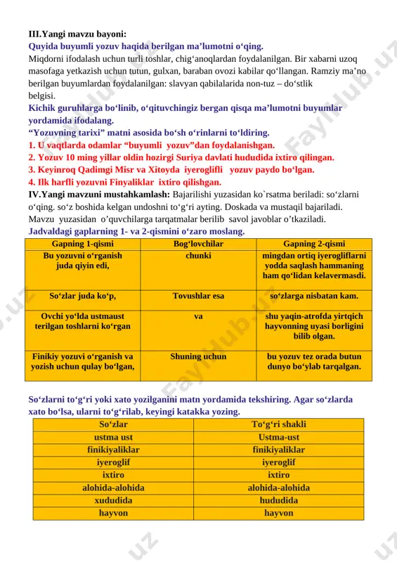 zuni mustahkamlash 5 daqiqa 3 yangi mavzu bayoni 15 daqiqa 4 yangi mavzuni mustahkamlash 10 daqiqa 5 o`quvchilarni rag`batlantirish. darsni yakunlash. 10 daqiqa 6 uyga vazifa 2 daqiqa jami 45 daqiqa i.tashkiliy qism:salomlashish, yo’qlamaqilish, o’quvchilarni darsga tayyorgarliklarini tekshirish. ii. o`tgan mavzuni mustahkamlash.o’quvchilarni bilim va ko’nikmalari tekshiriladi savollar orqali uyga berilgan vazifa so’ralib o’quvchilar baholanadi. so‘zlarni to‘g‘ri yoki xato yozilganini matn yordamida tekshiring. agar so‘zlarda xato bo‘lsa, ularni to‘g‘rilab, keyingi katakka yozing. so‘zlar to‘g‘ri shakli ustma ust ustma-ust finikiyaliklar finikiyaliklar iyeroglif iyeroglif ixtiro ixtiro alohida-alohida alohida-alohida xududida hududida hayvon hayvon iii.yangi mavzu bayoni: “dangasa harflar” ertagini tinglang 1 aka-uka katta “o” va kichik “o” harfi nima uchun raqamlar mamlakatiga ketib qolishibdi? 2 ular nimani o‘ylashibdi? 3 harflar mamlakatidagi qirol kim ekan? nima uchun aynan u qirol bo‘lgan deb o‘ylaysiz? 4 “a” harfi qanday maslahat beribdi? 5 qirolning qaysi so‘zni yozishda boshi qotibdi? 6 “b” harfi qanday maslahat beribdi? 7 4 va …