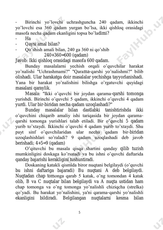 qoidasi o‟quvchilarga etkaziladi. berilgan tezlik va berilgan vaqtga ko‟ra bosib o‟tilgan yo‟lni topish uchun tezlik va vaqtni o‟zaro ko‟paytirish kerak. umuman, soatiga v km yo‟l bosayotgan jismning t soatda o‟tgan yo‟lini s harfi bilan belgilansa, bu yo‟l s=v∙t formulaga ko‟ra hisoblanadi. mavzuni mustahkamlash maqsadida quyidagi masalalarini qarab chiqish maqsadga muvofiqdir. 8 1-masala gulchehra 1 soatda 4 km yo‟l o‟tadi. shunday tezlik bilan 2 soatda necha kilometr yo‟l bosadi? 3 soatda-chi? 4 soatda- chi? 30 minutda-chi? 2-masala poyezd 76 km/soat tezlik bilan ketayapti. u a) 2 soatda; b) 5soatda necha kilometr yo‟l o‟tadi? 3-masala: "neksiya" avtomobili 90 km/soat bilan tezlik bilan yuryapti . uning 1 minutda, 10 minutda ,15 minutda, yarim soatda o‟tgan yo‟lini toping. shunday qilib, bosib o‟tilgan yo‟l (s), jism tezligi (v) bilan sarflangan vaqt (t) larning ko‟paytmasiga teng ekan. tezlik vaqt bo‟yicha masofani topishga doir topshiriqlar o‟quvchilar bilimini mustahkamlashga qatratilgan bo‟lib, mashqlarni bajarish orqali o‟quvchilar jism harakat tezliklarini …