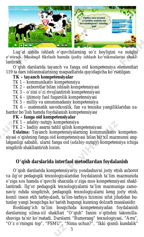 rishga imkoniyat yaratadi: g‘oya, fikr va dalillarni yozma hamda og‘zaki shakllarda bayon qilish ko‘nikmalarini rivojlantiradi. maqsadi: o‘quvchilarda anglab o‘qish orqali, fikrni yetkaza olishga, tushuntira olishga o‘rgatish. vazifasi: o‘quvchilarni guruhda ishlash, hamfikrlik, o‘zaro fikr al- mashishga ko‘nikma hosil qilish. masalan, x.to‘xtaboyevning “xatosini tushungan bola”, rahim bekniyozning “mo‘jiza” hikoyalarida qo‘llanilgan. “fsmu” metodi – 4 bosqichli yozilgan qog‘oz varaqlarini tarqata- di va yakka tartibda qo‘llaniladi. o‘zlashtirilgan bilimlar asosida tashkil qilinadi va har bir o‘quvchi 4 bosqich asosida fikr-mulohaza bildiradi. bunda: f – fikringizni bayon eting. s – fikringiz bayoniga sabab ko‘rsating. m – ko‘rsatgan sababingizni asoslovchi misol keltiring. u – fikringizni umumlashtiring. maqsadi: o‘quvchilar mashg‘ulotda o‘rganilayotgan mavzuning muhokamasi jarayonida unga doir masalalar bo‘yicha o‘z fikrlarini ba yon qilish, shu fikrlarni asoslovchi sabablarni ko‘rsatish, ularni tasdiq lovchi misollarni keltirish va umumlashtiruvchi xulosalar chiqarishga o‘rgatish. vazifasi: o‘quvchilarni erkin fikrlash, o‘z fikrini himoya qilish, boshqalarga fikrini o‘tkazish, ochiq holda bahslashish va bahs-muno zara madaniyatiga o‘rgatadi. masalan, …