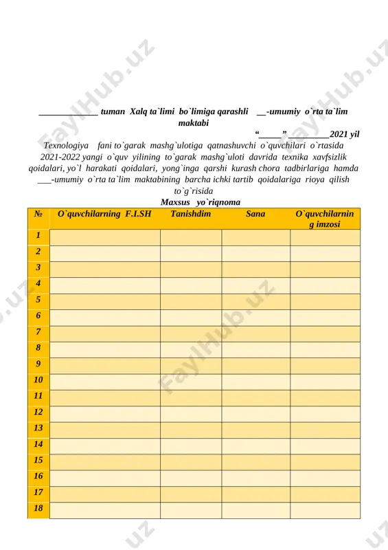 o’tish usuli: tushuntirish , suhbat, ko’rsatmalilik, amaliy. mashg’ulot jihozi: urug’lar, qog’oz,qaychi,yelim,albom varog’i.tayyor yasalgan ish namunalari mashg’ulotni tashkil qilish. 1. salomlashish. 2. davomatni aniqlash. 3. o’quvchilarni mashg’ulotga tayyorlash. 1.o`quvchilarga mazaika qanday ish turi ekanligini ko`rsatib,tushuntirib berish. [image: ] [image: ] 2.bugungi yasaladigan qo`qongul namunasini ko`rstish. 3.uni yasashda nimalardan foydalanilganini o`quvchilar bilan birgalikda topish. 4.o’quvchilar bilan urug’lar haqida suhbat o’tkazish. 5.ularni turlari haqida savol-javob o’tkazish. 6tabiiy materiallarning mehnat mashg’ulotlaridagi o`rni haqida suhbat. 7.naqsh yasash bosqichlarini ko’rsatib berish. 8.o’quvchilar mustaqil yasaydilar. 9.yasash vaqtida o’quvchilar ishi kuzatib boriladi. 10.qaychidan foydlnishda texnika havfsizligi qoidalariga rioya qilish kerakliklarini eslatish. yasab bo’lgan o’quvchilar ishini baholash uchun savol-javob o’tkazaman. [image: ] 1.tabiiy materiallarga nimalar kiradi? 2.ulardan yana nimalar yasash mumkin? uyga vazifa: mashg’ulotda ulgurmagan ishlarni tugatib kelish. mmibdo: __________________________ sana: _____________ mavzu: urug‘lardan kuzgi gullar shaklini yasash maqsad: ta’limiy: urug’lardan qo’qongul yasash haqida tushuncha berish. tarbiyaviy: badiiy-estetik didni o'stirish, tejamkorlikni tarbiyalash. rivojlantiruvchi:o'quvchilarda ijodiy tafakkur, tasavvur va fantaziyasini rivojlantirish, …
