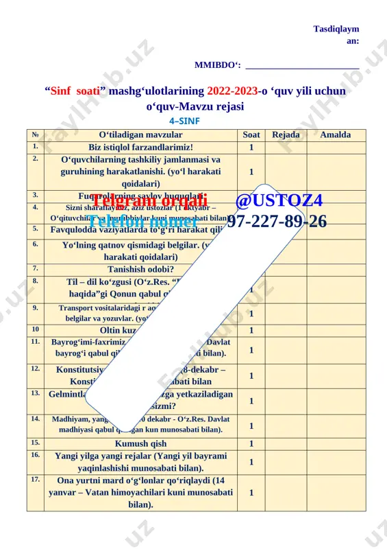 qilishni tarbiyalash sinf soatlarning asosiy maqsadlaridan birdir. shuningdek, sinf soatlar orqali o‘quvchilarda to‘g‘ri kasb tanlash, kitobxonlik madaniyatini shakllantirish, bo‘sh vaqtini to‘g‘ri taqsimlash, o‘z iqtidorini rivojlantirish uchun turli to‘garaklarni to‘g‘ri tanlash, tayyor ish joylarida ishlash emas, balki o‘zi ish joylarni yaratishi kabi qobiliyatlar shakllantiriladi. sinf soat dasturlari oddiydan murakkablikka tamoyili asosida shakllantirilgan bo‘lib, quyidagi yo‘nalishlarni o‘z ichiga oladi. vatanparvarlik; axloqiy, huquqiy, jismoniy, gigienik, ekologik hamda estetik tarbiya shuningdek, o‘quvchilarni to‘g‘ri kasb tanlashga yo‘naltiradi.sinf soatlarning mazkur yo‘nalishlari o‘zbekiston respublikasida ta’limning uzluksizligi, uzviyligi, o‘quvchi shaxsi va qiziqishlari ustuvorligidan kelib chiqib, ularda yosh xususiyatlariga mos ravishda quyidagi tayanch kompetensiyalar shakllantiriladi. kommunikativ kompetensiya — ijtimoiy vaziyatlarda ona tilida hamda birorta xorijiy tilda o‘zaro muloqotga kirisha olishni, muloqotda muomala madaniyatiga amal qilishni, ijtimoiy moslashuvchanlikni, hamkorlikda jamoada samarali ishlay olish layoqatlarini shakllantirishni nazarda tutadi. axborotlar bilan ishlash kompetensiyasi — media manbalardan zarur ma’lumotlarni izlab topa olishni, saralashni, qayta ishlashni, saqlashni, ulardan samarali foydalana olishni, ularning xavfsizligini ta’minlashni, …