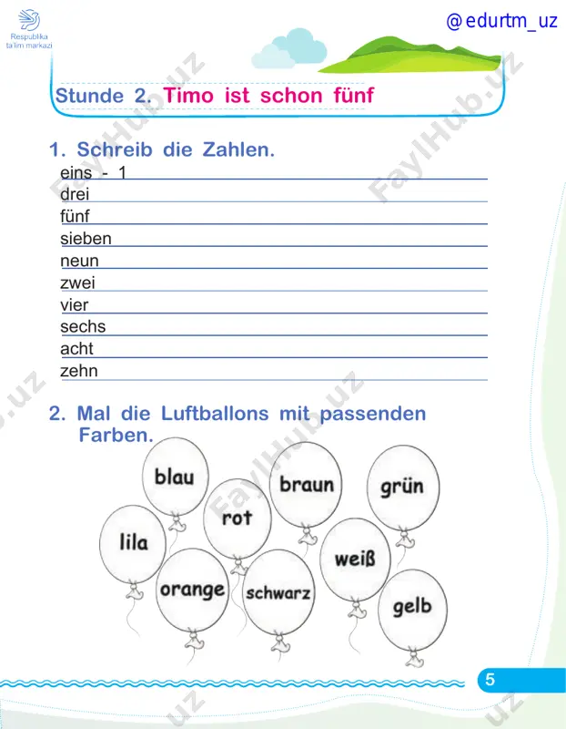 urtm_uz 30 stunde 5. kommt, wir singen 1. hör zu und bringe den liedtext in die richtige reihenfolge. 2. schreib die antwort. welchen wochentag magst du? hallo ihr leute, montag ist heute das ist ein schöner tag. hallo ihr leute, montag ist heute, wie ich den montag mag. wir wollen winken, wir winken, la la la la laaa winken, wir winken, seid ihr alle da? hallo, ihr leute, montag ist heute, das ist ein schöner tag. @edurtm_uz 31 stunde 6. projektarbeit 1. schreib die hitliste und präsentiere sie. welche fächer mögen deine freunde? magst du ...? ja mathematik + + + + + 5 deutsch ____________ sport_______________ russisch ____________ usbekisch____________ kunst ______________ musik ______________ ___________________ @edurtm_uz 32 stunde 1. wie ist das wetter? 1. was passt zusammen? verbinde. 2. schreib die passenden sätze weiter. es regnet. es ist frühling. es schneit. es ist neblig. es ist sonnig. l e kt …