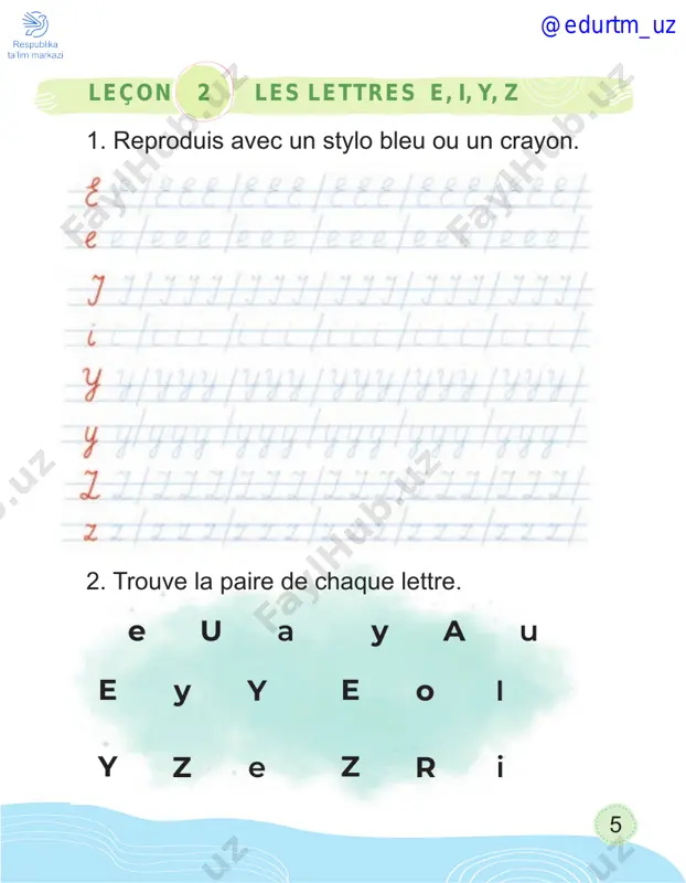 ____________ ____________ ____________ _______________ blanc la jambe un kangourou @edurtm_uz 27 3. complète les mots avec ton, son, ta, sa. ___bonbon, ___ballon, ___pomme, ___ balle leçon 4 j’ai une tête, deux bras, ... 1. recopie les mots. ____________ ____________ ____________ 2. complète les mots avec on, om. maintenant lis les mots. le p___t un c___c____bre le b___b___ le coton le pompier le concombre @edurtm_uz 28 leçon 5 après l’école 1. recopie les mots. le jardin le chimpanzé le marin ____________ ____________ ____________ 2. complète les mots avec in, im. maintenant lis les mots. le lap___ le sap___ un t___bre 3. colorie le syllabe in en bleu et im en orange. un jardin – un chimpanzé – un dessin – le printemps – un timbre – un sapin – simple – un matin @edurtm_uz 29 ou em om im an oi en am im ç on évaluation 2. trouve et écris …