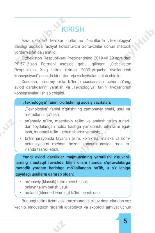ik qo‘llanmada o‘quvchilarda xxi asr yutuqla ri, ya’ni bilim olish ehtiyoji, asosiy o‘quv-ilmiy va umummadaniy kompetensiyalar, milliy va umumbashariy qadriyatlarga asoslangan ma’naviy-axloqiy fazilatlar asosida ularda mehnat ko‘nikmala- rini hamda tanqidiy va ijodiy fikrlash, o‘z qiziqish va salohiyatidan kelib chiqqan holda ongli ravishda kasb tanlash qobiliyatlarini rivojlantiruvchi zamonaviy texnologiyalar va o‘qitish metodlari namuna sifatida keltirilgan. ta’kidlash joizki, har qanday pedagogik texnologiyalar va metodlarning natijaviyligi uni qo‘llayotgan o‘qituvchining ijodiy va kasbiy mahoratiga bog‘liqdir. 7 i bob „texnologiya“ fani darsligidan foydalanish i.1. darslikdan foydalanish yo‘riqnomasi darslikda keltirilgan qr-code yoki dr.rtm.uz ilovasi orqali saytni ishga tushiring. darslik menyusiga joylashtirilgan *.pdf fayl 1. bu yerda elektron faylni o‘qish va oddiy kitob tarzida varaqlash mumkin. 2. *.pdf variantni yuklab olish uchun boshqarish panelidan tugmachani bosamiz. 3. download pdf file menyusini tanlaymiz. yuklangan faylni „pdf-reader“ das turlarida bemalol o‘qish, chop etish mumkin. taqdimot bilan ishlash texnologiya fanining har bir darsi uchun taqdimotlar ishlab chiqilgan bo‘lib, ulardan dars …