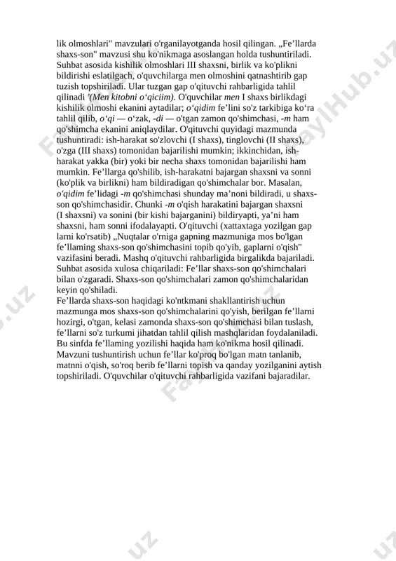 ardan matn bilan bog'liq holda o'z va ko'chma ma’noda ishlatilgan fe’llar bilan ta- nishtirib borishga qaratilgan mashqlardan foydalanish. 3. zamon qo'shimchalarining talaffuzi va yozilishi haqidagi ko'nik- mani hosil qilish. 4. qo'shma fe’llar va ularning doim alohida yozilishi haqidagi tushunchani berish va dastlabki ko'nikmani hosil qilish hisoblanadi. fe’l zamoni shaklining mohiyati ish-harakat qachon bajarilishini, ya’ni ish-harakatning nutq so'zlanib turgan paytda, undan oldin va keyin bajarilishini taqqoslash asosida ochiladi. o'quvchilar o'zlari ba- jargan yoki bajarayotgan harakatlarini kuzatadilar, shuningdek, keyin nima qilishlarini muhokama qiladilar. xuddi shunga o'xshash kuza- tishni tabiatda bo'iayotgan o'zgarishlar yuzasidan ham o'tkazadilar. bu mavzu bahorda o'tiladi. shuning uchun o'quvchilar kuzatish asosida „bahor keldi. o‘rik, olcha gulladi. gullar ochilyapti. endi gilos pishadi. bahordan so ‘ng yoz keladi. yozda bolalar oromgohga bormoqchi “ kabi gapiar tuzadilar. gapdagi fe’llarga so'roq berib, ish-harakatning bajarilish payti, ya’ni ish-harakat bajarilayotganini (nima qilyapti? — o'qiyapti, ochilyapti), oldin bajarilganini (nima qildi? — o'qidi, keldi, gulladi) va keyin bajarilishi …