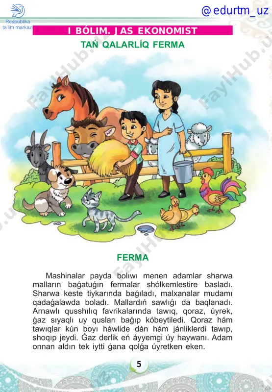 ńda, duzaq qurar jolıńa. ílaq – bilemen onı, bilemen, múyizim menen dúgemen. bala – háy aq ılaq, aq ılaq, anań izler shapqılap. ílaq – kókke toyıp alayın, diń-diń sekirip barayın. bala – qońıraw taqsam moynıńa, qosılasań ba, oyınǵa. ílaq – al botalaq qayda eken, ele jantaq jeymeken? botalaq – háy, aq ılaq, aq ılaq. jarısayıq, shapqılap. 1-tapsırma. sorawlarǵa juwap beriń. 1. ílaq qay jerge barmaqshı? 2. ílaqtıń dushpanları neler eken? @edurtm_uz 13 2-tapsırma. súwretlerden ılaqtıń háreketlerin óz sózińiz benen aytıp beriń. 3-tapsırma. berilgen jumbaqlardı oqıń hám she shimin tabıń. tórt ayaqlı jániwar, kishi múyizli shaqı bar, súyemdey eki shaqı bar. diń-diń etip sekirer. adamlar qorada baǵadı, anasın izlep mańırar, júnin qırqıp, sut alar. kózge sulıw kóriner. altı qozı aq qozı, qızıl qozı saq qozı, aqsaq qozı qarası, alası bar taq qozı, qansha boldı qarashı, qozılardı sanashı? síyír hám uzaqsha háwlide sıyır pishen jep tur edi. onıń ústine uzaqsha kelip qondı …