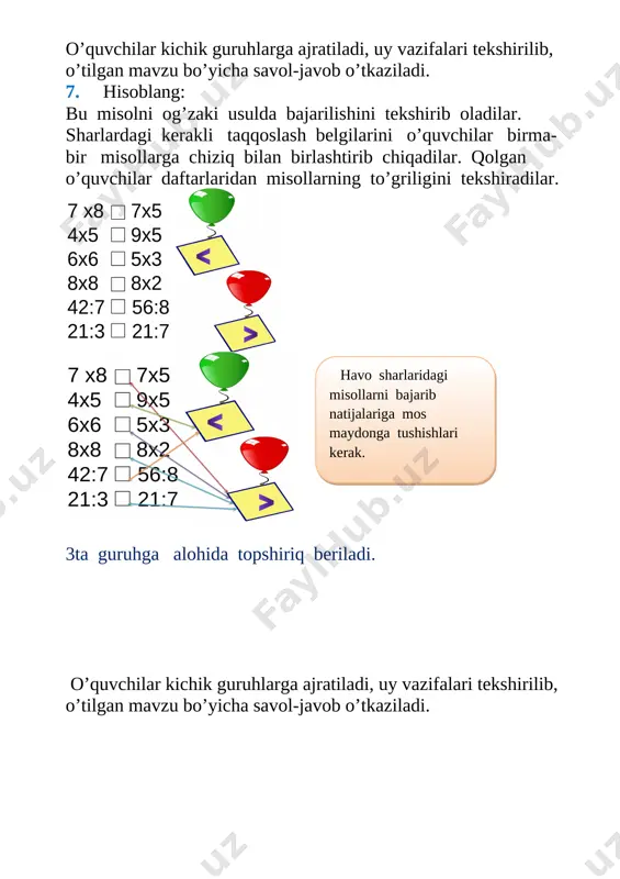 etr sim qirqib olingan? yechish: 75–32=43 javob: 43 7-misol. 47 +54: 6 69 – 6•6 81: 9 • 3 80 – 21: 3 35 + 7•5 72: 8 • 4 2) ko’paytirish jadvalini yodlash 3) masalaga teskari masala tuzish. foydalanilgan adabiyotlar: 1. n.abdurahmonova, l. o’rinboyeva. 2- sinf matematika darsligi 2018-yil 2. . i.a.karimov. “yuksak ma’naviyat – yengilmas kuch”. 2008-yil 3. o’zbekiston respublikasining konstutitsiya kitobi. 4. “global ta ’lim” o’qituvchilar uchun qo’llanma. unisef 5. j.o.tolipova. pedagogik texnologiyalar – do’stona muhit yaratish omili. 2005-yil 6. r.ishmuhammedov. “ta’limda innovatsion texnologiyalar”. 2008-yil 7. salomatlik ensiklopediyasi. 8. “boshlang’ich ta’lim” 2019-yil 3-son 9. www.ziyonet.uz 10. https://aim.uz> 11. https://ecoohotnadzor31.ru 12. https://assz.ru 13. @uzb_ o’zbekistonpedagogi 14. @ contest.kenguru.uz. 15. https://m.youtube.com/watch?v= ______microsoft_powerpoint2.sldx image1.jpeg image2.jpeg image3.jpeg image4.jpeg image3.emf 7 x8 7x5 4x5 9x5 6x6 5x3 8x8 8x2 42:7 56:8 21:3 21:7 ______microsoft_powerpoint3.sldx 7 x8 7x5 4x5 9x5 6x6 5x3 8x8 8x2 42:7 56:8 21:3 21:7 ^ ^ image1.jpeg image2.jpeg image4.emf …