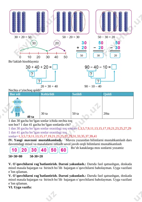 faol qatnashgan, doskada misol masala bajargan va birinch bo`lib bajargan o`quvchilarni baholayman. uyga vazifani e`lon qilaman. vi. uyga vazifa: hisoblaymiz. 14 cm + 5 cm=19cm 81 cm + 7 cm=89cm 57 cm − 2 cm=55cm 43 cm + 6 cm=49cm 34 cm − 4 cm=30cm 99 cm − 9 cm=90cm o`ibdo`:__________________________________ sana__________________________ mavzu: yig‘indi va ayirmani topish maqsad: o’quvchilarga dts talablari asosida sonlarni ko’paytirish va bo’lishni o’rgatish. ta’limiy: o’quvchilarga “ yig‘indi va ayirmani topish ” ko’rinishidagi misollarni bajarishni o’rgatish. tarbiyaviy: sport bilan shug`ullanishni targ`ib qilish, ish bajarishda tozalikka, ozodalikka, tartibga rioya qilishga o`rgatish. kommunikativ kompetensiya: matematikaga oid atamalarning ma’nosini tushunib, to‘g‘ri o‘qiy olish;so‘z va gaplarni bog‘lagan holda o‘z fikrini aniq va ravshan ifodalay olish;fikrni mantiqiy izchillikda ifodalay olish;matematik matn ma’nosini qayta so‘zlab bera olish; matematik qoidalarni yoddan ayta olish. matematikaga oid audiomatn, videotasvirlarni tinglab tushuna olish, tegishli munosabat bildira olish. o‘zini o‘zi rivojlantirish kompetensiyasi: o‘quv masalasini (maqsadini) topa olish va …