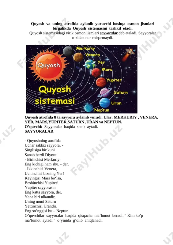 mon jismi “asteroidlar” ya’niy, “daydi toshlar” ham mavjud. yer shari ularni o’ziga tortadi.nihoyatda tezlik bilan yerga uchib kelayotgan bunday “daydi toshlar” havoda yona boshlaydi. havoda yonib , yorug’ iz qoldirgan osmon jismi meteor deb ataladi. [image: c:\users\asatullo\desktop\img_20190915_144821_041.jpg] yerga tushgan meteorlar meteorit deb ataladi.yerni o’rab turgan havo bizni meteorlardan himoya qiladi. [image: c:\users\asatullo\desktop\img_20190915_144826_989.jpg] kosmonavtika – osmon jismlari va hodisalarini o’rganadi.1957-yil 4-oktabr kuni yerning birinchi suniy yo’ldoshi koinotga uchirildi.1961-yil 12-aprel kuni rus fazogiri yuriy gagarin birinchi bo’lib fazoda o’zining “vostok1” havo kemasida yer atrofini 108 minutda aylanib chiqqan . [image: c:\users\asatullo\desktop\img_20190915_144832_363.jpg] yangi mavzu darslik asosida yaratilgan multimedia ilovadagi mavzuga oid video lavha orqali davom ettiriladi. 4 .yangi mavzuni mustahkamlash yangi mavzu o’qituvchining internet tarmoqlaridan foydalangan holda yaratgan mavzuga oid video slaydi orqali mustahkamlanadi. [image: c:\users\asatullo\desktop\2019-09-27 13.23.47.jpg] “kim fazogir bo’lmoqchi va nima uchun?” javoblar eshitilib ,kerakli maslahatlar beriladi. o’quvchilar tomonidan “ kosmosga sayohat” nomli o’yin o’ynaladi. bunda har bir o’quvchi o’z rasmlarini kerakli …