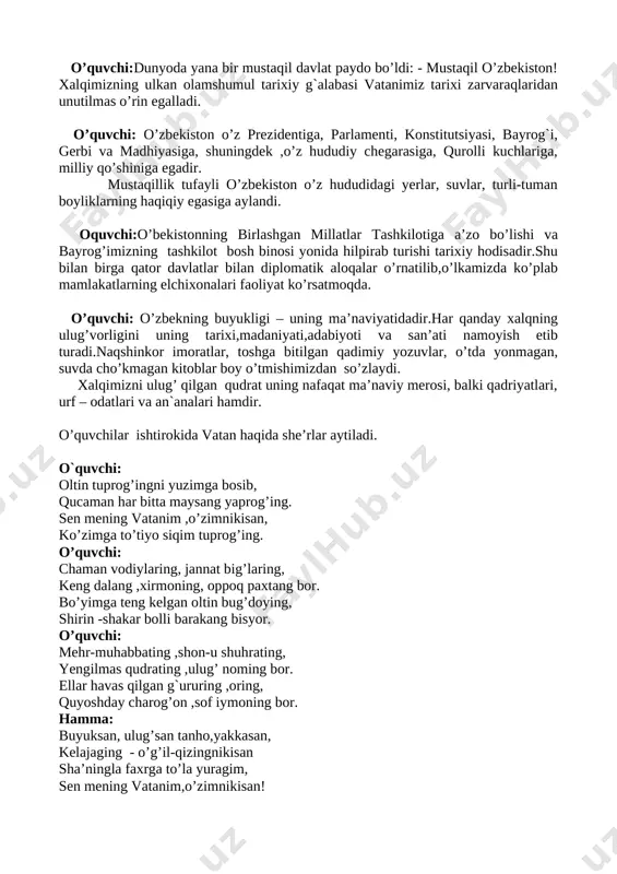 n bosadi. ekin-tikinlarni yig`ishtirishga kirishadi. uzum,anor, behilarni ombor shiplariga osadi. kartoshka,sabzi,sholg`omlarni o`raga joylaydi. qo`llarini duoga ochib, yurtga tinchlik –totuvlik, elga hurlik, to`kinlik, yoshlarimizga bekam baxt-u saodat, ilm-u ma`rifat so`raydi. hosil yig`ilmasdan havo aynisa,yomg`ir momolarning yuragiga yog`gandek bo`ladi. katta-kichik dalada paxta hosilini tezroq yig`ib olmoq payida. ularning chehrasi quyosh aksi ko`chgandek tovlanadi. hademay o`lkamizda hosil bayrami boshlanadi. darslikning 19 –sahifasidagi mavzuni ifodali o’qib ,mazmunini so’zlab berish. mavzuni bolalarga mustaqil o’qitish. bolalarga tushunarsiz so`zlar yuzasidan lug`at ishi o`tkazish. parqu- momiqday qirmizi- pushti rang tusi- rangi hurlik- ozodlik yuqorida matnda aytilganidek hademay o`lkamizda hosil bayrami hishonlanadi. bolalar kuz faslida nishonlanadigan bayramning qanday nomlanishini bilasizmi? ---- mehrjon bayrami mehrjon bilan navro’z o’zbeklarning eng go’zal, eng tarovatli bayram sayllaridan hisoblanadi.chunki ular xalqchil,hayotiy an`analardir. navro’z bahor kirishi, qishning ayozli kunlaridan uzil-kesil qutulib, yangi kun,yangicha hayotning boshlanishini nishonlash bayramidir. mehrjon esa hosil ko’tarib, qishga tayyorgarlik korishdir,to’kin-sochinlikka shukronalik, hayotga muhabbat ramzidir. xalq kuzgi bayram saylining nomini “mehrjon” deb …