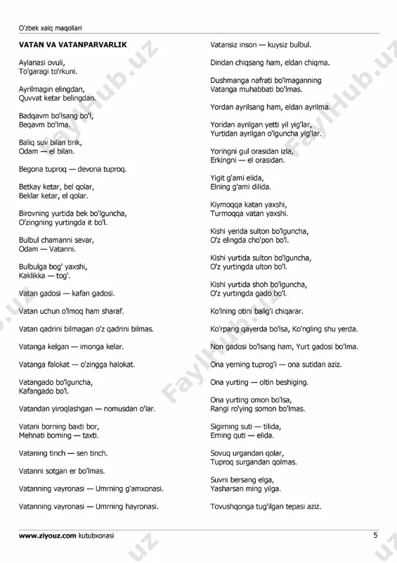 italarning xilma-xil shakllariga duch kelamiz. ammo maqollarda o'xshatishning kam ishlatilishini, uning bu janr uchun xarakterli emasligini ham ko'ramiz. maqollarni o'xshatishlar bilan o'zgartirib qo'llasak, odatda, ular o'z maqollik xususiyatini yo'qotadi. masalan, «bulbulcham annisevar, odam — vatanni» maqolini bulbul chamanni sevganday, odam vatanni sevar yoki «dehqon bo'isang, shudgor q i, m ulla bo'/sang, takror qi/» maqolini dehqon shudgor qilganday, mulla bo'lsang takror qil deb ko'raylik-chi, butunlay ma'nosizlik yuzaga keladi. keyingi paytlarda matbuot sahifalarida maqolning ana shu xususiyatini hisobga olmay, o'zgartirib qo'llash hollariga duch kelmoqdamiz. masalan, «ustoz otangdan ulug'» maqoli «ustoz otangday ulug'» tarzida buzib qo'llanmoqda. bunda otani kamsitish holati yo'q, shunday bo'lganda xalq «ota ro z i — xudo rozi» degan maqolni yaratmas edi. bu yerda ustoz hurmatini bo'rttirish bor. qolaversa, xalqda barcha odamzodning birinchi yakka-yagona ustozi ollohdir, degan tushunchalar ham bor. ikkinchidan, ustoz bilan ota tenglashtirib qo'yilsa, maqol mazmuni butunlay o'zgarib, xalq qarashlariga zid bo'lib qoladi. to'g'ri, ko'p variantlilik maqollar uchun …