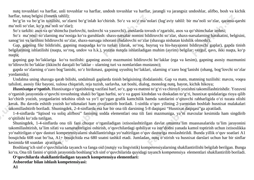 o‘zini nazorat qila olish va xatolarini tuzatishga harakat qilish, kattalarga, kichiklarga va o‘rtoqlariga yordam berish. ijtimoiy faol fuqarolik kompetensiyasi: a1 maktabda, oilada va turar joylarida bo‘layotgan jarayonlarda (turli tadbirlar va h. k.) ishtirok etish; o‘zining o‘quvchilik burch va huquqlarini, vazifalarini bilish va ularga rioya qilish; davlat ramzlarini bilish, davlat ramzlariga hurmat va ehtirom ko‘rsata olish; maktabda va maktabdan tashqari tadbirlarda (ko‘rik-tanlovlar va h. k.) ishtirok etish hamda muomala madaniyatiga amal qilish; sinfda va oilada o‘z o‘rnini bilish, o‘ziga yuklatilgan vazifalarni anglay olish; o‘zidan kattalarga, o‘rtoqlariga va o‘zidan kichiklarga yordam berish; sinfdagi jihozlar va o‘quv qurollarini asrab-avaylash. a1+ jamiyatda bo‘layotgan voqea, hodisa va jarayonlarga munosabat bildirish milliy va umummadaniy kompetensiyasi: a1 orasta kiyinish va gigienik talablarga amal qilish; maktabning ichki qoidalariga va odob-axloq qoidalariga rioya qilish; yaxshi va yomon odatlarni bir-biridan farqlay olish; milliy bayramlarni, milliy qadriyatlarni, o‘zi yashab turgan tarixiy obidalarni bilish va ularni bir-biridan farqlash. a1+ vatanimizda mustaqillik yillarida …