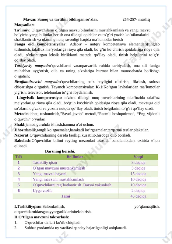 vatanparvarlik ruhida tarbiyalash, ona tili faniga muhabbat uyg‘otish, oila va uning a’zolariga hurmat bilan munosabatda bo‘lishga o‘rgatish; rivojlantiruvchi maqsad:o‘quvchilarning so‘z boyligini o‘stirish, fikrlash, xulosa chiqarishga o‘rgatish. tayanch kompetensiyalar: k-1:ko‘rgan lavhalaridan ma’lumotlar yig‘ish; televizor, telefondan to‘g‘ri foydalanish. lingvistik kompetensiya: o‘zbek tilidagi nutq tovushlarining talaffuzida talaffuz me’yorlariga rioya qila oladi, bo‘g‘in ko‘chirish qoidasiga rioya qila oladi, mavzuga oid so‘zlarni og‘zaki va yozma nutqda qo‘llay oladi, tinish belgilarini to‘g‘ri qo‘llay oladi. metod:suhbat, tushuntirish,”savol-javob” metodi,”rasmli boshqotirma”, “eng vijdonli o’quvchi” o’yinlari. shakl:jamoa,guruhda ishlash,hamma o’zi uchun. jihoz:darslik,rangli ko’rgazmalar,harakatli ko’rgazmalar,tarqatma testlar,plakatlar. nazorat:o’quvchilarning darsda faolligi kuzatilib,hisobga olib boriladi. baholash:o’quvchilar bilimi reyting mezonlari asosida baholanib,dars oxirida e’lon qilinadi. darsning borishi. t/r bo’limlar vaqti 1 tashkiliy qism 3 daqiqa 2 o`tgan mavzuni mustahkamlash 5 daqiqa 3 yangi mavzu bayoni 15 daqiqa 4 yangi mavzuni mustahkamlash 10 daqiqa 5 o`quvchilarni rag`batlantirish. darsni yakunlash. 10 daqiqa 6 uyga vazifa 2 daqiqa jami 45 daqiqa i.tashkiliyqism:salomlashish, yo’qlamaqilish, o’quvchilarnidarsgatayyorgarliklarinitekshirish. ii.o’tilgan mavzuni takrorlash: 1. o'quvchilar …