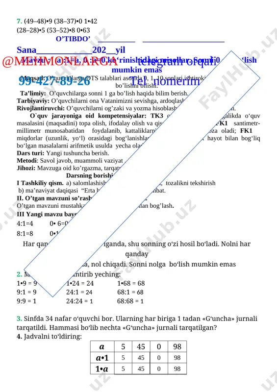 optok keltirildi. do‘konga hammasi bo‘lib nechta koptok keltirilgan? 7. taqqoslang: 5•1 > 5 : 5 42 : 42 27 : 1 58• 1> 58 : 1 18 :18 50: 5 9•10 = 10•9 80: 8 30:3 7•10 > 10•2 60 :10 < 10•6 o’tibdo’ __________ ______________________ image6.png image7.png image8.png image9.png image10.png image11.png image12.png image13.png image14.png image1.png image2.png image3.png image4.png image5.png hurmatli boshlang’ich ta’lim ustozlari mana 2020 - 2021 o’quv yilining 3 - chorakki ham boshlanish arafasidamiz. shuning uchun har bir o’qituvchi uchun kerakli hujjatlar jamlanmasi tayyor bulganini ma’lum qilmoqchamiz sizlarga.ushbu dars ishlanmasi 1. mavzular soni 45 ta 2. geo metrik masallar 84 ta 3.mantiqiy masalar 18 ta 4.harakatga oid masalalar 35 ta 5.tenglamalar 136 ta 6.nazorat ishlari 5 ta 7.massa o’lchov birliklariga 25 ta boshlang’ich 1 - 2 - 3 - 4 sinflarning dars konspekti,kurgazmasi,tarqatmasi, tugarakki,iqtidorli o’quvchilar bilan ishlash kabi hujjatlarimiz bor. bonus ham bor bizda @mehmonlarga telgram orqali 99 …