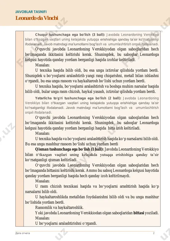 ma sababdan hozirgi kunda leonardo da vinchining qo‘lyozmalari insonlar uchun muhim ahamiyatga ega? maqsad: ma’lumotni qabul qilish va undan foydalanish uchun o‘qish savodxonligini oshirish. jarayon: to‘g‘ri xulosalarni shakllantirish. javob qabul qilinadi (1 ball): javobda leonardo da vinchining qo‘lyozmalari insonlar uchun muhim ahamiyatga egaligi bo‘yicha to‘g‘ri xulosa keltiriladi. hozirgi kunda insonlar leonardo da vinchining qo‘lyozmalari tufayli uning g‘oyalarini bilib olishi ifodalanadi. javobda leonardoning qo‘lyozmalaridagi ma’lumotlar, aniq g‘oyalar keltiriladi yoki o‘quvchi, umuman, qo‘lyozmalarning qiymati haqida yozishi mumkin. masalan: qo‘lyozmalar uni uchar mashinalar haqida o‘sha paytlar o‘ylaganini ko‘rsatadi. qo‘lyozmalari uning g‘oyalarini ko‘rsatadi. javob qabul qilinmaydi: javobda leonardo da vinchining qo‘lyozmalari va ularning zamondoshlarimiz uchun muhimligi haqida yetarlicha xulosa keltirilmaydi. masalan: ular u qanday chiroyli rasm chizishni bilganini ko‘rsatadi. chunki u mashhur edi. 7. c javoblar tasnifi leonardo da vinchi data otcheta 4 8. leonardo da vinchinchi tabiatdan o‘rgangan narsalaridan bitta misol keltiring. bu kuzatuvlar unga ixtirolar qilishda qanday yordam berganligini tushuntirib bering. maqsad: …