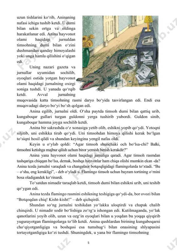 b. katta guldon unga urildi. c. flamingoning o‘tkir tumshug‘i kirib ketdi d. yotoq eshikka urildi 8. jurnal aninaga qanday yordam berdi? ikkita misol keltiring. _________________________________________________________________________________ _______________________________________________________________________________________ 9. voqea yakunida aninada flamingolarga nisbatan qanday his-tuyg‘u paydo bo‘ldi? a. aybdorlik b. hushyorlik c. minnatdorlik d. bezovtalik 10. aninaning ota-onasiga tushuntirib berishi qiyin bo‘lgan voqea oqibatida sodir bo‘gan holatlardan birini yozing _________________________________________________________________________________ _______________________________________________________________________________________ 11. siz aninaning harakatlaridan uning qanday xarakterga ega ekanligini bilib oldingiz. uning fazilatlaridan birini yozing. javobingizni asoslash uchun uning bajargan ishlaridan ikkita misol keltiring. _________________________________________________________________________________ _______________________________________________________________________________________ 12. muallif bizga aninaning sarguzashtlari tushda yoki o‘ngda bo‘lganligini aytib o‘tmadi. bu tush ekanligiga bitta dalil keltiring. _________________________________________________________________________________ _______________________________________________________________________________________ to‘xtang! o‘qituvchining ruxsatisiz navbatagi sahifani ochmang. 9 leonardo da vinchi o`z davridan ilgarilab ketgan inson ko‘pchilik odamlar leonardo da vinchi ismini eshitishsa, uning mashhur surati “mona liza”ni yodga olishadi. bu surat parijdagi badiiy san’at muzeyida saqlanadi. har yili millionlab sayyohlar uni ko‘rish uchun kelishadi. biroq …