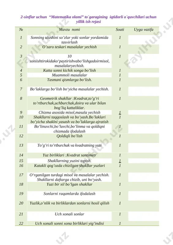 qo‘llay oladi va yangi bilimlar hosil qila oladi; mashg`ulot turi: yangi tushuncha berish. metodi: savol javob, muammoli vaziyat , zinama – zina. jihozi: mavzuga oid ko’rgazma, tarqatmalar, test savollari. mashg`ulotning borishi. i tashkiliy qism. a) salomlashish, davomotni aniqlash, tozalikni tekshirish b) ma’naviyat daqiqasi “ iqtisod” mavzusida suhbat. ii. o’tgan mavzuni so’rash va mustahkamlash. o’tgan mavzuni mustahkamlab yangi mavzu bilan bog’lash. iii yangi mavzu bayoni 1 – misol. misollarning yechilishini tushuntiring. [image: ] 2. misollarni yeching va natijaning to’g’riligtini tekshiring: 58 – 25 = 33 t: 33 + 25 = 58 | 35 – 4 = 31 t: 31 + 4 = 35 88 – 7 = 81 t: 81 + 7 = 88 | 75 – 3 = 72 t: 72 + 3 = 75 misolni o’quvchilar doskada navbat bilan bajaradilar. xatolar o’rtoqlari tomonidan to’g’rilanadi. o’quvchilar ishini nazorat qilish. 3. masalalar 2 guruhga ajratib beriladi. ular masalani mustaqil bajaradilar. bajarilgan …