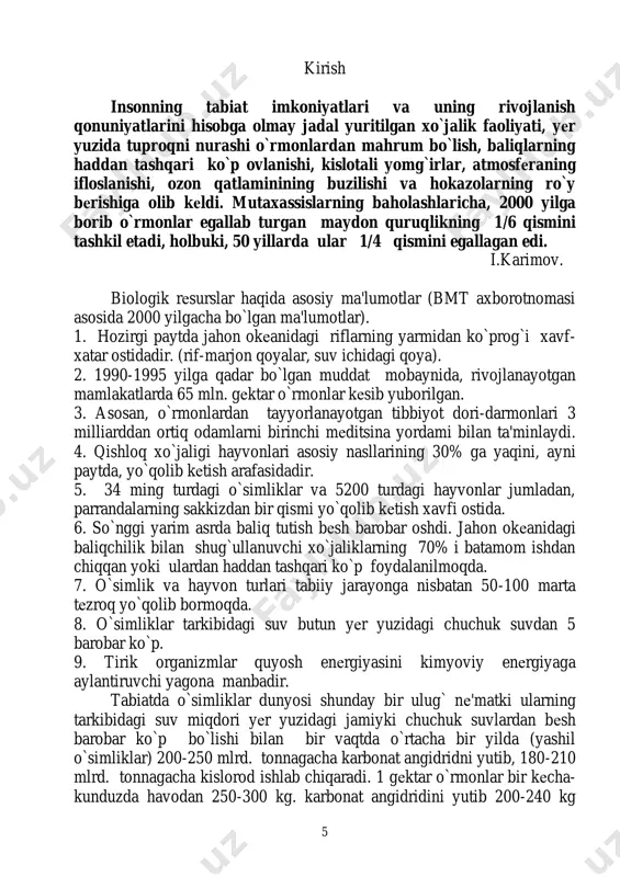fikrlarimizni muxtasar qiladigan bo`lsak, o`simlik-kislorod, soya-salqin, dori-darmon, oziq-ovqat, estetik zavq, boshpana, shuningdek, umrini o`tab bo`lganda ham zoya ketmay tandir qizdirish uchun yoqilg`i , kuli esa ona tuproq uchun oziqa o`g`it sifatida ishlatiladi. shu o`rinda hadisi sharifga murojaat qilsak shunday dono hikmatlarga duch kelamiz: «...uch nafar qiz farzandni voyaga yetkazib, egasiga topshirgan ota-ona ham jannatidir. uch tub nihol ekib uni mevasidan bahramand bo`lgan bog`bon ham jannatidir». yoki mana bu hadisga quloq tuting-a: «ekmoq niyatida qo`lingizda ko`chat turgan paytda, bexosdan qiyomat-qoyim bo`lishi aniq bo`lganda ham ulgursangiz uni ekib keyin qoching»-deb bekorga aytilmagan. bugun ona sayyoramizda yarim milliondan ortiq o`simlik turlari mavjud bo`lib, ular yerdagi hayotning asosi hisoblanadi, tabiiy ekotizmda o`simliklar dunyosi ozuqa turlarining xilma-xilligi va boyligi yer usti muhitdagi hayvonlar populyatsiyasining zichligini belgilaydi. so`nggi 60- 70 yilda 80 dan ortiq hayvon turlari yo`qolib ketgan bo`lsa, 610 dan ortiq turlarining esa qirilib ketish xavfi paydo bo`lmoqda. buning asosiy sababi o`simliklar dunyosining ayovsiz kesilishi …
