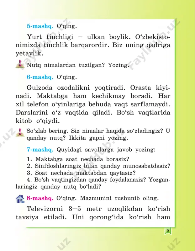 ar bir qatorini bosh harf bilan boshlang va xatboshidan yozing. unli tovushlarni ifodalagan harflarning tagiga chizing. 29-mashq. maqollarni o‘qing. odob — oltindan qimmat. aql bilan odob — egizak. yozing. har bir so‘zda nechta unli tovush va nechta bo‘g‘in bor? 14 bir unli tovush bo‘g‘in hosil qiladi: o-na, a-ka, u-ka. 30-mashq. o‘qing. faqat bir unli tovushni ifodalagan harf bo‘g‘in hosil qilgan so‘zlarni yozing. shu bo‘g‘inning tagiga chizing. ona, ota, singil, aka, uka, opa, tog‘a, xola, amaki, amma. 31-mashq. so‘zlarni bo‘g‘inlab o‘qing. shu so‘z- larning birinchi bo‘g‘inida doim a tovushini ayting. vatan, jahon, mashina, havo, baho, bahor, javob, tamom, shaftoli, vazifa, bahodir, shamol. ajratib ko‘rsatilgan so‘zlarni yozing, a harfining tagiga chizing. 32-mashq. tushirib qoldirilgan a va o harflarini nuqtalar o‘rniga qo‘yib, so‘zlarni o‘qing. s...bzi, b...dring, kar...m, q...vun, k...rt...shka, t...rvuz, sh...lg‘...m, h...nd...lak, l...vl...gi, q...v...q. sabzavotlar va poliz ekinlari nomini alohida-alohida yozing. 15 sabzavotlar: lavlagi, ... . poliz ekinlari: qovoq, ... . 33-mashq. tushirib …