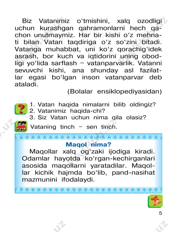 alisher navoiy to‘g‘ri yo‘l tutdimi? ra’no ravshandan ranjidimi, ravshan ra’nodan ranjidimi? qizigan bir kemam bor, to‘xtovsiz borib-kelar. borib-kelgani sari to‘lqinlarni tekislar. 13 ozod vatan – obod vatan normurod narzullayev bu dunyoda chamanlar ko‘p, bu dunyoda vatanlar ko‘p. barchasida yashnar gullar, barchasida yayrar dillar. chorlar ezgu yo‘llar meni, ajdodlarim qo‘llar meni. bu vatanda to‘kmasman yosh, bu vatanda egmasman bosh. sahrolar gul ochar senda, samolar nur sochar senda. yulduzlaring so‘nmasin hech, bag‘ringga g‘am qo‘nmasin hech. mening uchun aziz bo‘ston – o‘zbekiston, o‘zbekiston! 14 1. she’r qaysi diyor haqida? 2. she’rni o‘qiganingizda ko‘z oldingizga nimalar keldi? 3. o‘zbekiston haqida yana qanday she’r- larni bilasiz? otini ayagan yo‘lda qolmas, elini ayagan — cho‘lda. kelib ketar bir yilda, to‘rt og‘ayni har xilda. ma’naviyatli xalqni yengib bo‘lmaydi (rivoyat) qadim o‘tgan zamonda bir qudratli xon bizning xalqimizni o‘ziga bo‘ysundirishga ahd qilibdi. u son-sanoqsiz askarlarini chegaramizga keltirib qo‘yibdi. so‘ng bir necha kishini qoshiga chorlab: – bilib kelinglar-chi, ularning …