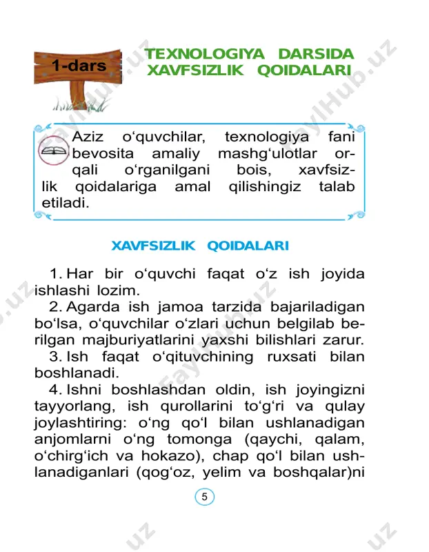 , ketma-ketlikda yopishtiring. 36 mozaika usulida qush shaklini yasash. 1 2 3 4 5 37 13–14- darslar 3 1 2 4 rangli qog‘ozlardan archa bezaklarini yasash archa bezagini ketma-ketlikda to‘g‘ri bajaring. 5 38 6 7 8 9 uyingizdagi archani o‘zingiz be zatishga harakat qiling. 39 2-nazorat ishi turli rangli qog‘ozlardan buklash usulida gul shaklini yasang. 40 15-dars rangli qog‘ozdan qush shaklini yasash 1 2 3 4 qushning dum qismidagi rangli uch- burchakni past tomonga tortsangiz, qush qanotlari harakatga keladi. qog‘ozni buklash va qirqish usulida qush shaklini yasang. 41 buklash usulida yasab ko‘ring. 1 2 3 4 5 6 oqqush haqida qanday ertak bila- siz? 42 16-dars 2 applikatsiya usulida tabriknoma tayyorlash 1 kerakli ish jihozlarini tayyorlab oling. 43 5 6 yil fasllarida qanday bayramlar nishonlanadi? bayramlarga atalgan she’r ayting. 43 16 s m 16 s m 24 sm 12 sm 44 7 8 9 bahor faslida qanday taomlar tay- yorlanadi? …