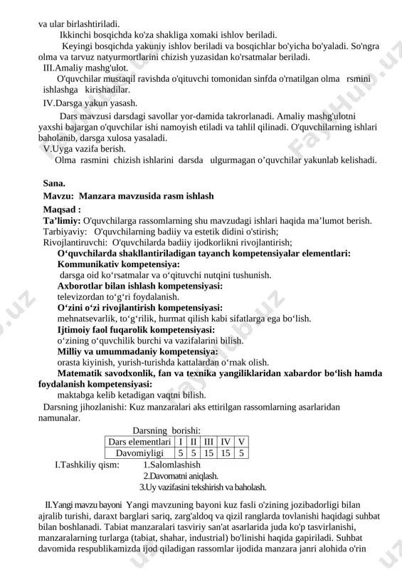 anzarachi rassom, rangtasvir ustasi, o'zbekiston xalq rassomi o'rol tansiqboyevning manzara janrida asarlar yaratganligi haqida alohida ma'lumot beriladi. uning «moviy manzara», «tungi sug'orish», «jonajon o'lka», «lssiqko'lda oqshom», «0'zbekistonda bahor», «tog'da kuz» kabi asarlari asosida (tog', dala, bog' va daryolar tasvirlangan rasmlar orqali) suhbat (darslikdagi rasm va savollardan foydalangan holda) tashkil qilinadi. «kuz» mavzusidagi boshqa rassomlarning asarlari asosida ham zaminning rang-barangligi haqida suhbat uyushtirish mumkin. darslikdagi rasmda qaysi ranglar ko'proq ishlatilganligi va kuzning nima sababdan oltinga qiyoslanishi o'quvchilardan so'raladi va ularning javoblari to'ldiriladi. iliq ranglar (sariq, zarg'aldoq, qizil, jigarrang) haqida ham eslatib o'tiladi. o'qituvchi o'quvchilarga yana bir bor rasm chizish va mo'yqalam bilan ishlash, bo'yoqlar yordamida rasmdagi kayfiyatni ifodalay olish mumkinligini tushuntiradi. o'qituvchi tomonidan tog', dala, bog' va daryolarni chizish bosqichlari tushuntiriladi va sinf doskasida chizib ko'rsatiladi. iii. amaliy mashg'ulot: o'quvchilar «oltin kuz» mavzusida xayolan manzarali rasm ishlaydilar. iv. darsga yakun yasash: o'quvchilar chizgan rasmlaridagi kuz tabiatining kayfiyati ranglar yordamida qanday tasvirlanganligiga, …