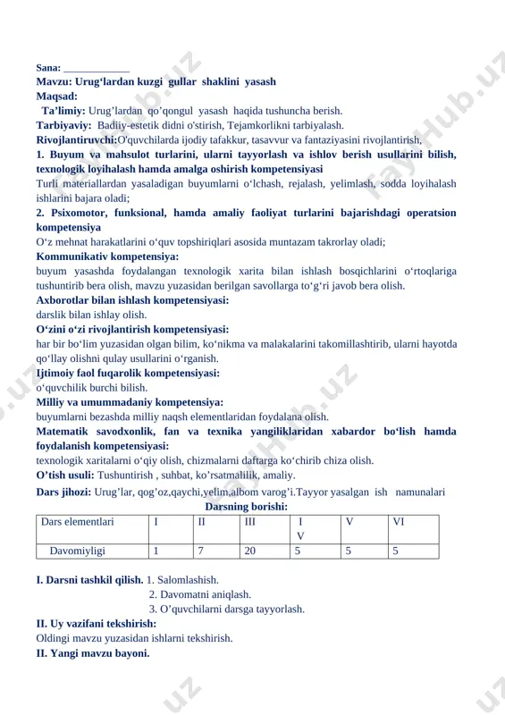 lash uchun savol-javob o’tkazaman. 1.tabiiy materiallarga nimalar kiradi? 2.ulardan yana nimalar yasash mumkin? v.o’quvchilar ishini baholayman. vi. uyga vazifa: darsda ulgurmagan ishlarni tugatib kelish. o’ibdo’ __________________________ sana: _____________ mavzu: urug‘lardan kuzgi gullar shaklini yasash maqsad: ta’limiy: urug’lardan qo’qongul yasash haqida tushuncha berish. tarbiyaviy: badiiy-estetik didni o'stirish, tejamkorlikni tarbiyalash. rivojlantiruvchi:o'quvchilarda ijodiy tafakkur, tasavvur va fantaziyasini rivojlantirish, 1. buyum va mahsulot turlarini, ularni tayyorlash va ishlov berish usullarini bilish, texnologik loyihalash hamda amalga oshirish kompetensiyasi turli materiallardan yasaladigan buyumlarni o‘lchash, rejalash, yelimlash, sodda loyihalash ishlarini bajara oladi; 2. psixomotor, funksional, hamda amaliy faoliyat turlarini bajarishdagi operatsion kompetensiya o‘z mehnat harakatlarini o‘quv topshiriqlari asosida muntazam takrorlay oladi; kommunikativ kompetensiya: buyum yasashda foydalangan texnologik xarita bilan ishlash bosqichlarini o‘rtoqlariga tushuntirib bera olish, mavzu yuzasidan berilgan savollarga to‘g‘ri javob bera olish. axborotlar bilan ishlash kompetensiyasi: darslik bilan ishlay olish. o‘zini o‘zi rivojlantirish kompetensiyasi: har bir bo‘lim yuzasidan olgan bilim, ko‘nikma va malakalarini takomillashtirib, ularni hayotda …