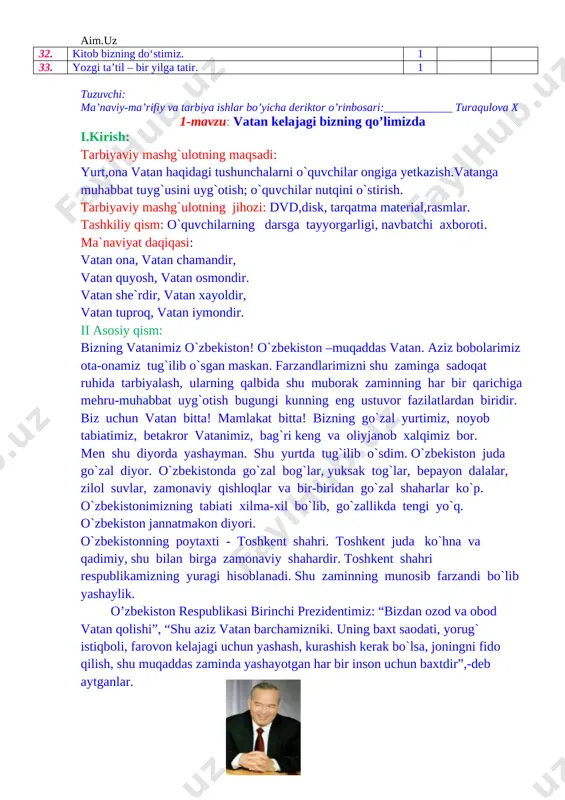 mas, balki o‘zi ish joylarni yaratishi kabi qobiliyatlar shakllantiriladi. tarbiyaviy soat dasturlari oddiydan murakkablikka tamoyili asosida shakllantirilgan bo‘lib, quyidagi yo‘nalishlarni o‘z ichiga oladi. vatanparvarlik; axloqiy, huquqiy, jismoniy, gigienik, ekologik hamda estetik tarbiya shuningdek, o‘quvchilarni to‘g‘ri kasb tanlashga yo‘naltiradi. tarbiyaviy soatlarning mazkur yo‘nalishlari o‘zbekiston respublikasida ta’limning uzluksizligi, uzviyligi, o‘quvchi shaxsi va qiziqishlari ustuvorligidan kelib chiqib, ularda yosh xususiyatlariga mos ravishda quyidagi tayanch kompetensiyalar shakllantiriladi. [bookmark: 3154607]kommunikativ kompetensiya — ijtimoiy vaziyatlarda ona tilida hamda birorta xorijiy tilda o‘zaro muloqotga kirisha olishni, muloqotda muomala madaniyatiga amal qilishni, ijtimoiy moslashuvchanlikni, hamkorlikda jamoada samarali ishlay olish layoqatlarini shakllantirishni nazarda tutadi. [bookmark: 3154609]axborotlar bilan ishlash kompetensiyasi — media manbalardan zarur ma’lumotlarni izlab topa olishni, saralashni, qayta ishlashni, saqlashni, ulardan samarali foydalana olishni, ularning xavfsizligini ta’minlashni, media madaniyatga ega bo‘lish layoqatlarini shakllantirishni nazarda tutadi. o‘zini o‘zi rivojlantirish kompetensiyasi — doimiy ravishda o‘z-o‘zini jismoniy, ma’naviy, ruhiy, intellektual va kreativ rivojlantirish, kamolotga intilish, hayoti davomida mustaqil o‘qib-o‘rganish, kognitivlik ko‘nikmalarini …