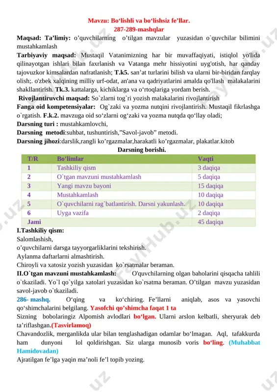 vzular yuzasidan o`quvchilar bilimini mustahkamlash tarbiyaviy maqsad: mustaqil vatanimizning har bir muvaffaqiyati, istiqlol yo'lida qilinayotgan ishlari bilan faxrlanish va vatanga mehr hissiyotini uyg'otish, har qanday tajovuzkor kimsalardan nafratlanish; t.k5. san’at turlarini bilish va ularni bir-biridan farqlay olish;. o'zbek xalqining milliy urf-odat, an'ana va qadriyatlarini amalda qo'llash malakalarini shakllantirish. tk.3. kattalarga, kichiklarga va o‘rtoqlariga yordam berish. rivojlantiruvchi maqsad: so`zlarni tog`ri yozish malakalarini rivojlantirish fanga oid kompetensiyalar: og`zaki va yozma nutqini rivojlantirish. mustaqil fikrlashga o`rgatish. f.k.2. mavzuga oid so‘zlarni og‘zaki va yozma nutqda qo‘llay oladi; darsning turi : mustahkamlovchi, darsning metodi:suhbat, tushuntirish,”savol-javob” metodi. darsning jihozi:darslik,rangli ko’rgazmalar,harakatli ko’rgazmalar, plakatlar.kitob darsning borishi. t/r bo’limlar vaqti 1 tashkiliy qism 3 daqiqa 2 o`tgan mavzuni mustahkamlash 5 daqiqa 3 yangi mavzu bayoni 15 daqiqa 4 mustahkamlash 10 daqiqa 5 o`quvchilarni rag`batlantirish. darsni yakunlash. 10 daqiqa 6 uyga vazifa 2 daqiqa jami 45 daqiqa i.tashkiliy qism: salomlashish, o’quvchilarni darsga tayyorgarliklarini tekshirish. aylanma daftarlarni almashtirish. chiroyli va xatosiz …