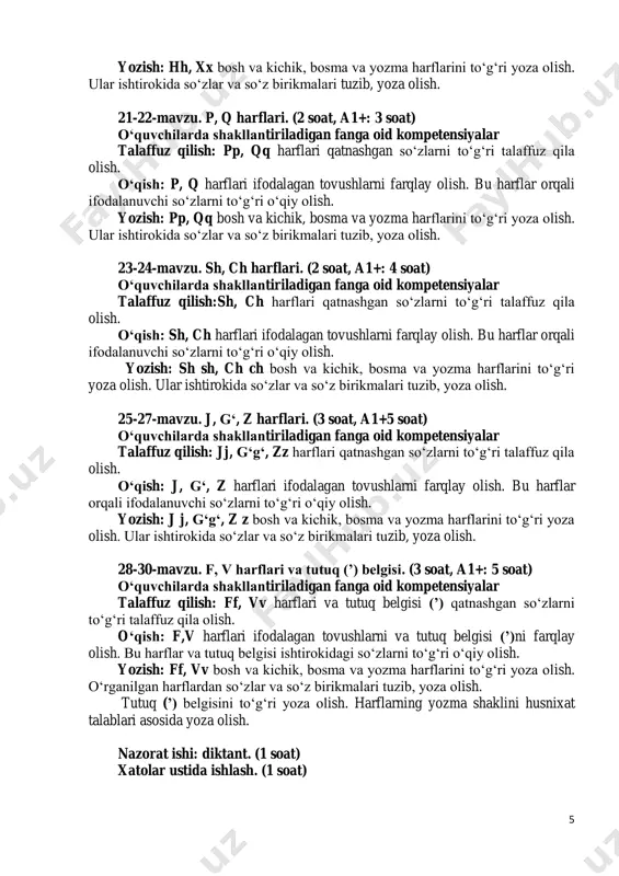 i o‘qiy olish. yozish: ff, vv bosh va kichik, bosma va yozma harflarini to‘g‘ri yoza olish. o‘rganilgan harflardan so‘zlar va so‘z birikmalari tuzib, yoza olish. tutuq (’) belgisini to‘g‘ri yoza olish. harflarning yozma shaklini husnixat talablari asosida yoza olish. nazorat ishi: diktant. (1 soat) xatolar ustida ishlash. (1 soat) 6 o‘quvchilarda shakllangan fanga oid kompetensiyalar (talaffuz qilish, o‘qish va yozish) a1 o‘zbek alifbosidagi harflarni to‘g‘ri talaffuz qila oladi; o‘zbek tiliga xos bo‘lgan tovushlarini o‘qiy oladi; mavzular bo‘yicha berilgan so‘zlarni bo‘g‘inlab o‘qiy oladi va yoza oladi; o‘zlashtirilgan nutq mavzularida 1-2 savol-javob tarzida suhbatlasha oladi; mavzu bo‘yicha berilgan kichik she’rlarni o‘qib, yoddan ayta oladi; o‘zbek alifbosidagi bosh va kichik harflarning bosma va yozma shaklini farqlab yoza oladi; harflarning yozma shaklini husnixat talablari asosida yoza oladi; mavzular bo‘yicha o‘zlashtirilgan so‘zlarni, 2-4 ta yig‘iq gaplardan iborat matnni to‘g‘ri ko‘chirib yoza oladi; o‘zlashtirilgan so‘zlarni bo‘g‘inlarga to‘g‘ri ajratib yoza oladi; 6-8 ta so‘zdan iborat lug‘at diktantini …