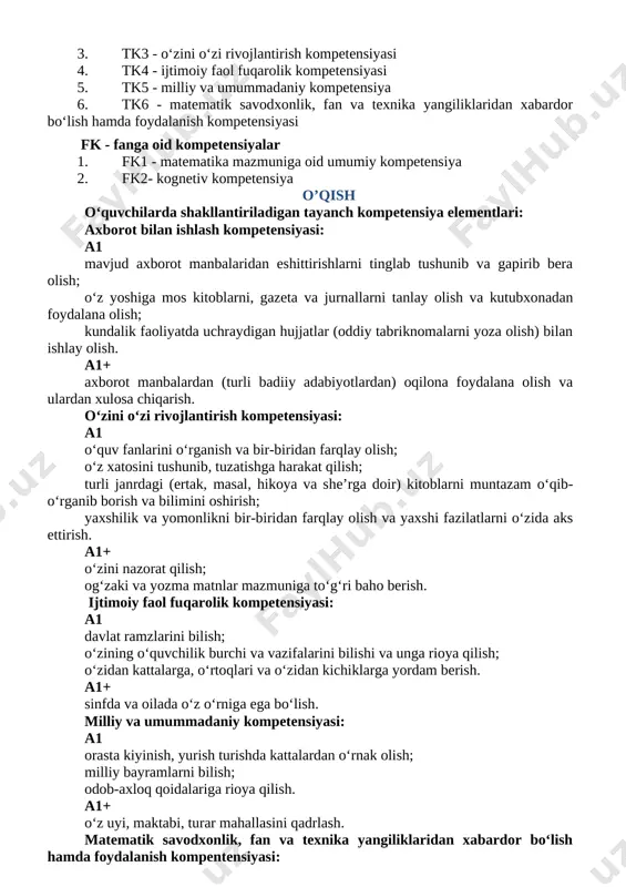 ni to‘g‘rilay oladi; 22. matematikani o‘rganish jarayonida o‘zida ijobiy hissiyotlarni shakllantira oladi; 23. mustaqil ravishda o‘z bilimlarini mustahkamlay oladi. tk - tayanch kompetensiyalar 1. tk1 - kommunikativ kompetensiya 1. tk2 - axborotlar bilan ishlash kompetensiyasi 1. tk3 - o‘zini o‘zi rivojlantirish kompetensiyasi 1. tk4 - ijtimoiy faol fuqarolik kompetensiyasi 1. tk5 - milliy va umummadaniy kompetensiya 1. tk6 - matematik savodxonlik, fan va texnika yangiliklaridan xabardor bo‘lish hamda foydalanish kompetensiyasi fk - fanga oid kompetensiyalar 1. fk1 - matematika mazmuniga oid umumiy kompetensiya 1. fk2- kognetiv kompetensiya o’qish o‘quvchilarda shakllantiriladigan tayanch kompetensiya elementlari: axborot bilan ishlash kompetensiyasi: a1 mavjud axborot manbalaridan eshittirishlarni tinglab tushunib va gapirib bera olish; o‘z yoshiga mos kitoblarni, gazeta va jurnallarni tanlay olish va kutubxonadan foydalana olish; kundalik faoliyatda uchraydigan hujjatlar (oddiy tabriknomalarni yoza olish) bilan ishlay olish. a1+ axborot manbalardan (turli badiiy adabiyotlardan) oqilona foydalana olish va ulardan xulosa chiqarish. o‘zini o‘zi rivojlantirish kompetensiyasi: a1 …